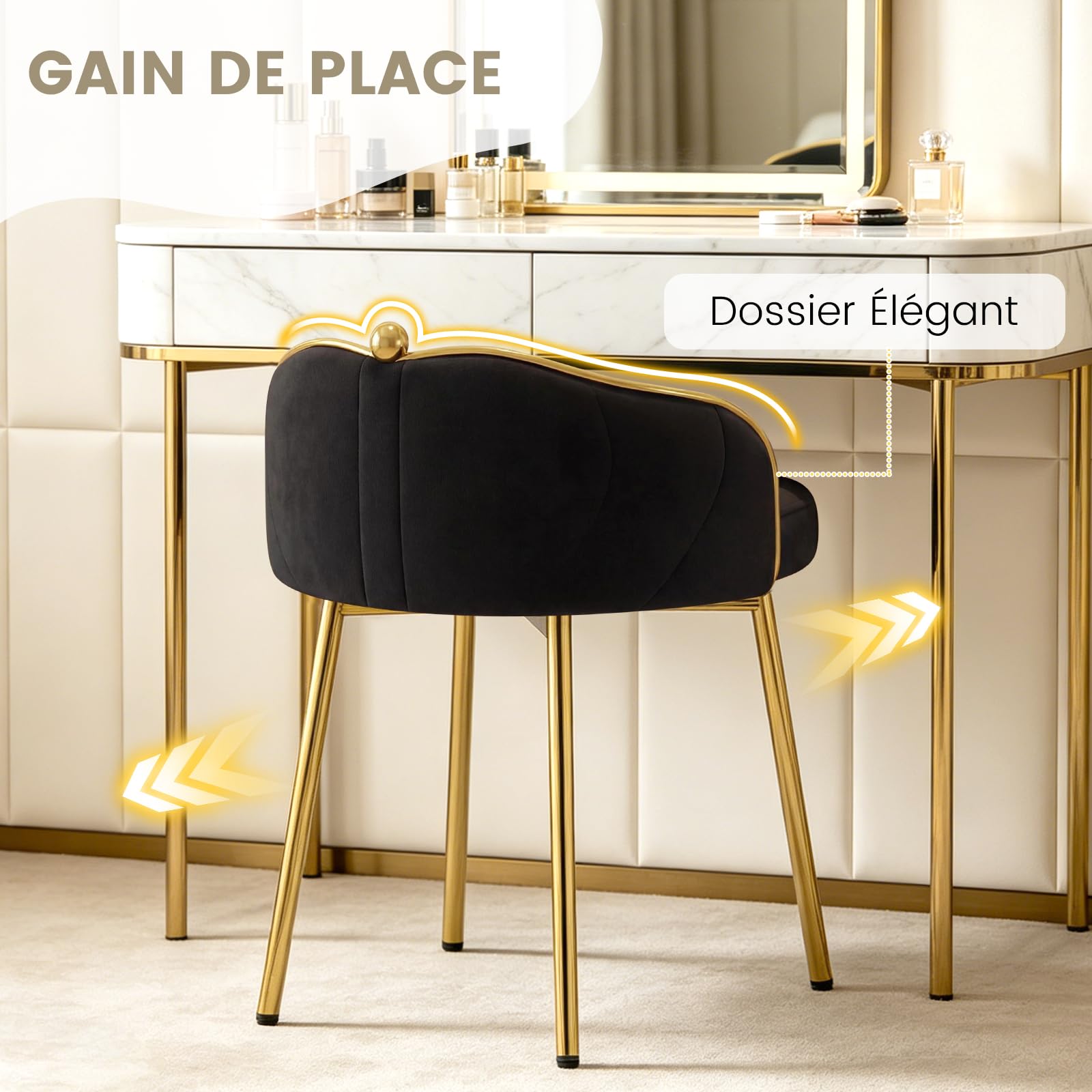 Hellove Tabouret Coiffeuse Samt avec Pieds en Métal Doré, Chaise de Maquillage Moderne Rond, Pouf Coiffeuse avec Dossier Courbé et Assise Rembourrée, Sièges de Coiffeuse pour Adulte, Noir