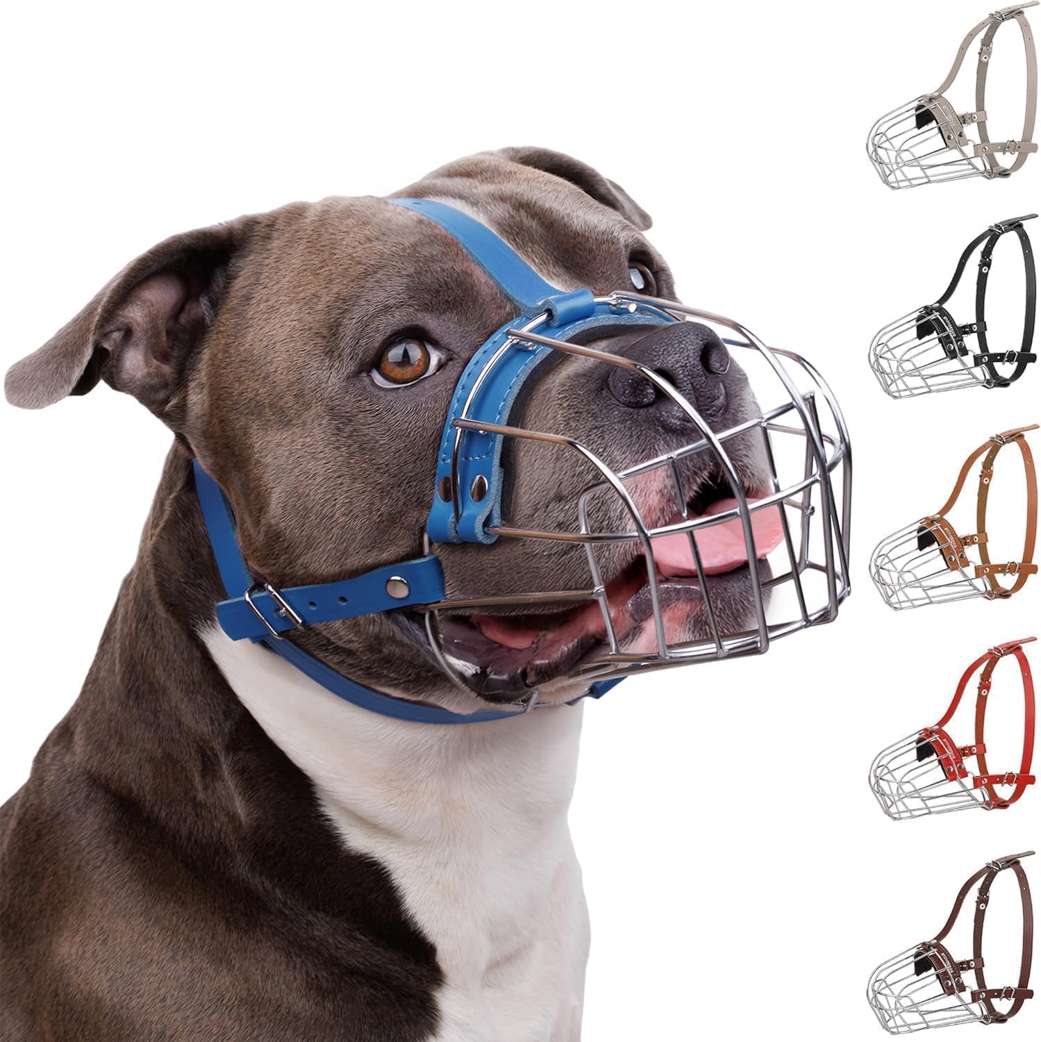 BronzeDog Metal Dog Muzzle - Amstaff Wire Basket with Adjustable Leather Straps for Large Dogs