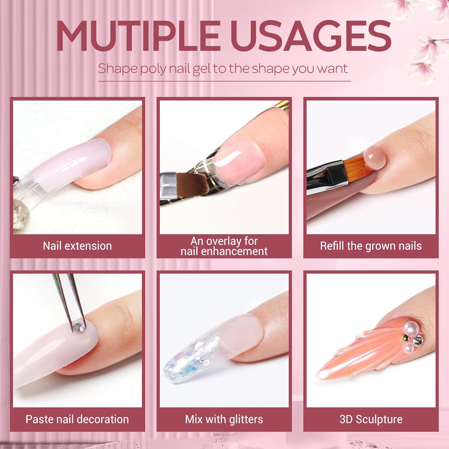 Modelones Poly Nail Gel Kit - Nail Extension Enhancement Builder Kit Pink Nude Clear with Slip Solution Rhinestones All-in-One French Kit for Starter Nail Salon DIY Nail Art Design
