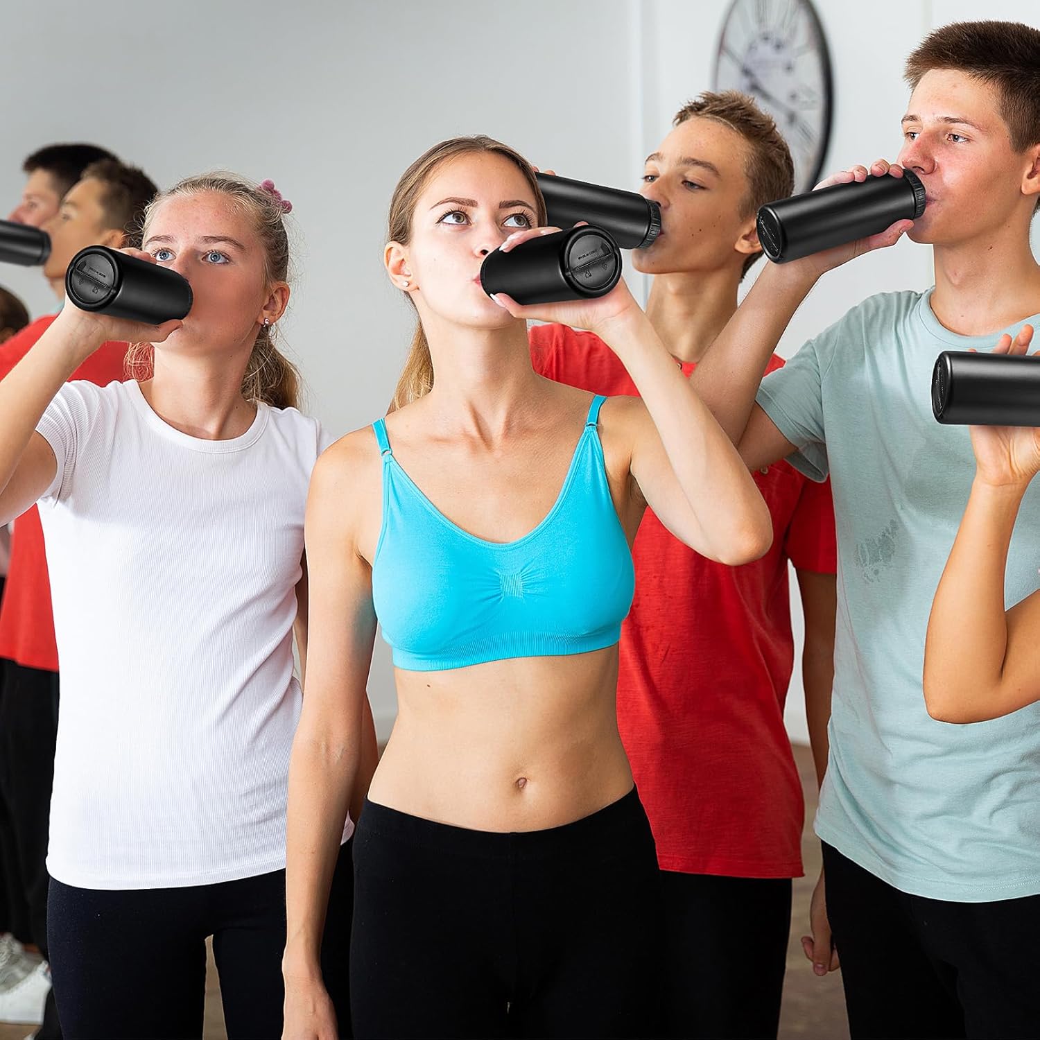 Dandat 50 Pack Reusable Water Bottles Bulk for Boy Adults 24oz Plastic Pull Top Cap Team Sports Bottles for Gym Football Cheer Party Favors(Black)