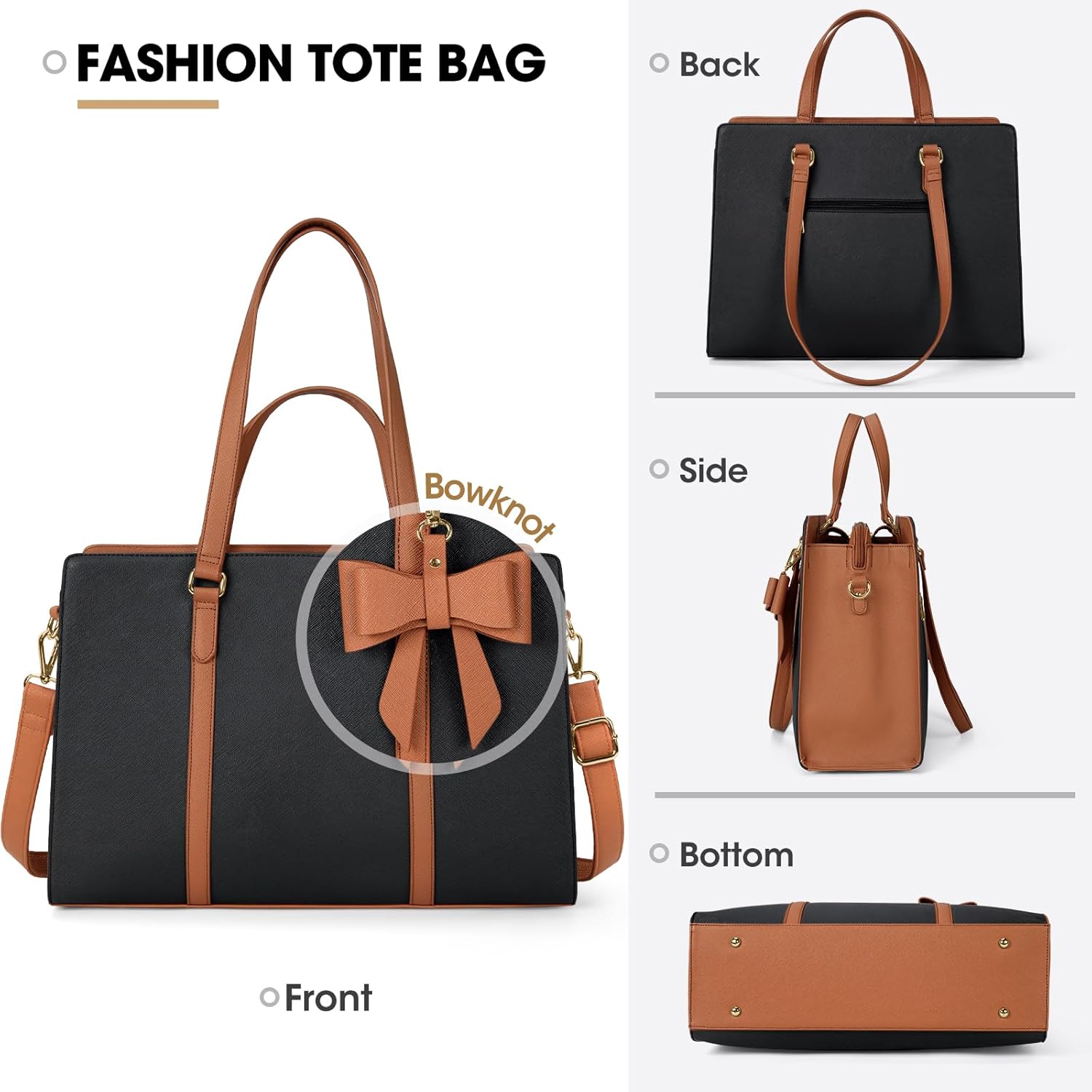 Laptop Bag for Women 15.6 inch Laptop Tote Bag Waterproof Leather Computer Bag Large Lightweight Briefcase Professional Business Office Work Bag, Black Brown - Image 6