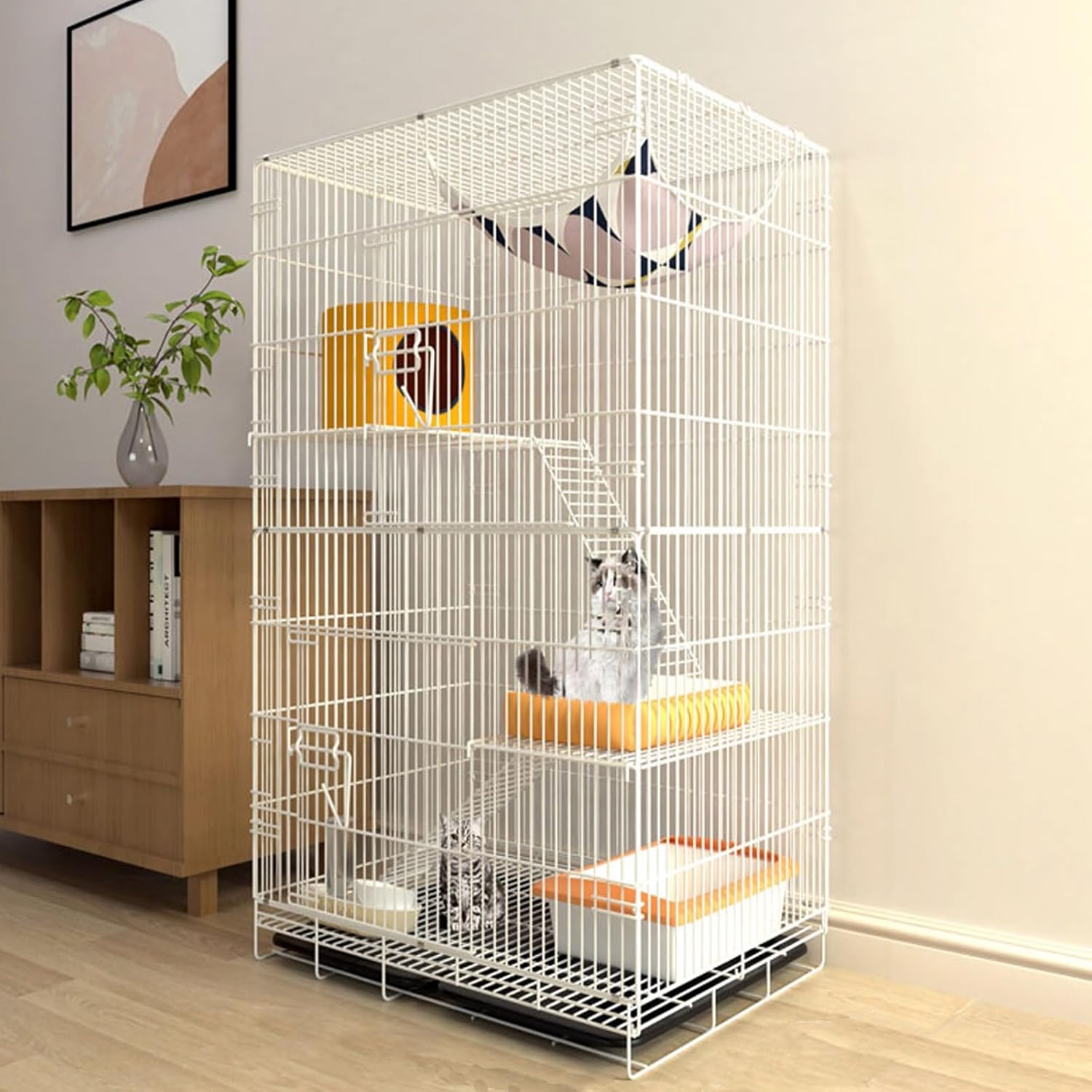 Large Cat Cage Indoor, Cat Enclosure Playpen With Ramp Ladders Perching Shelves, And Slide-Out Tray, Folding Wire Cat Ferret Habitat Crate, Foldable Home For Small Animals (White 68*50*105Cm)