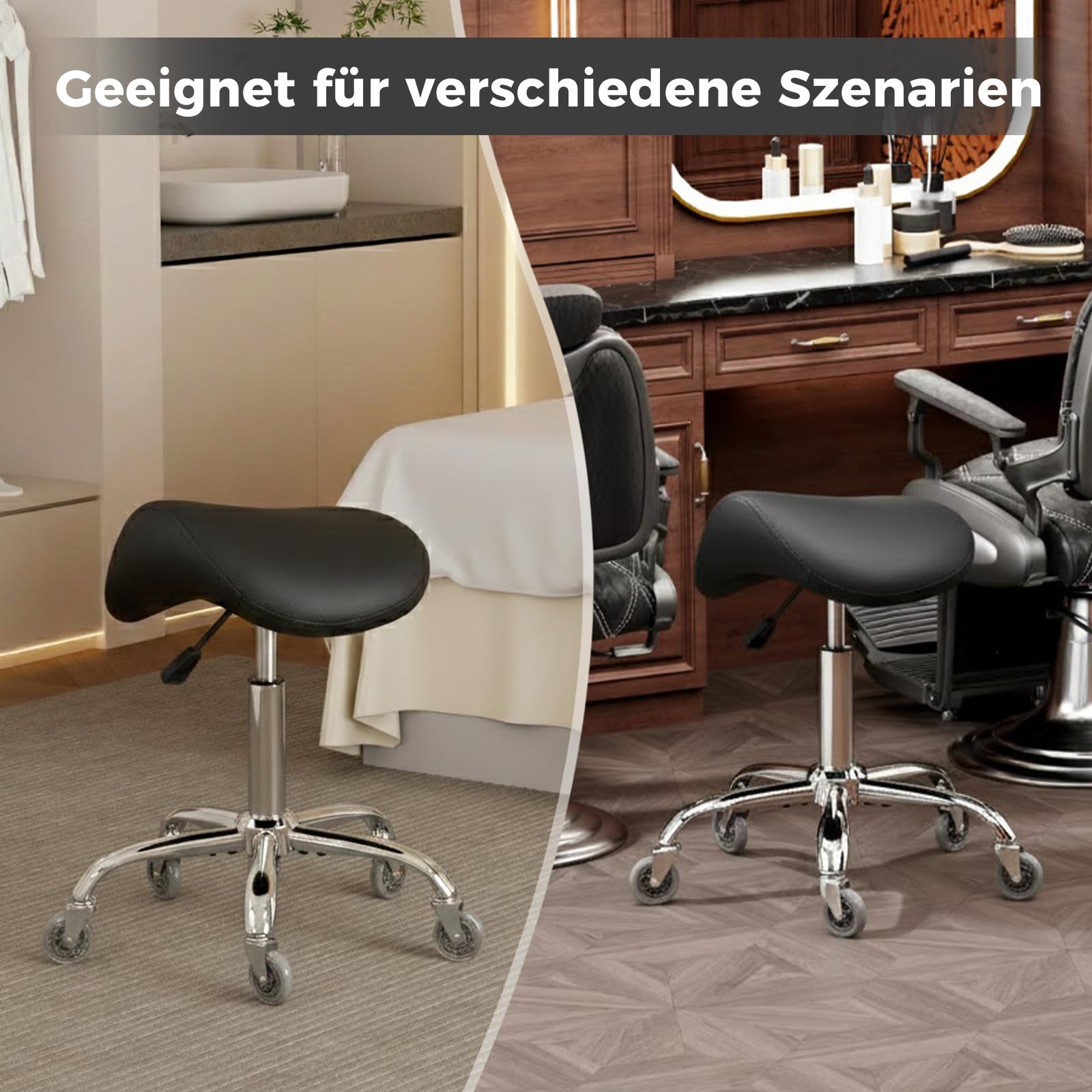 BEWISHOME Sattelhocker Höhenverstellbar, Sattelhocker mit Rollen, 360° Drehhocker Rollhocker, Ergonomischer Hocker, Tragfähigkeit 200 kg für Schönheitssalons, Spas Salon und Kliniken (Schwarz)