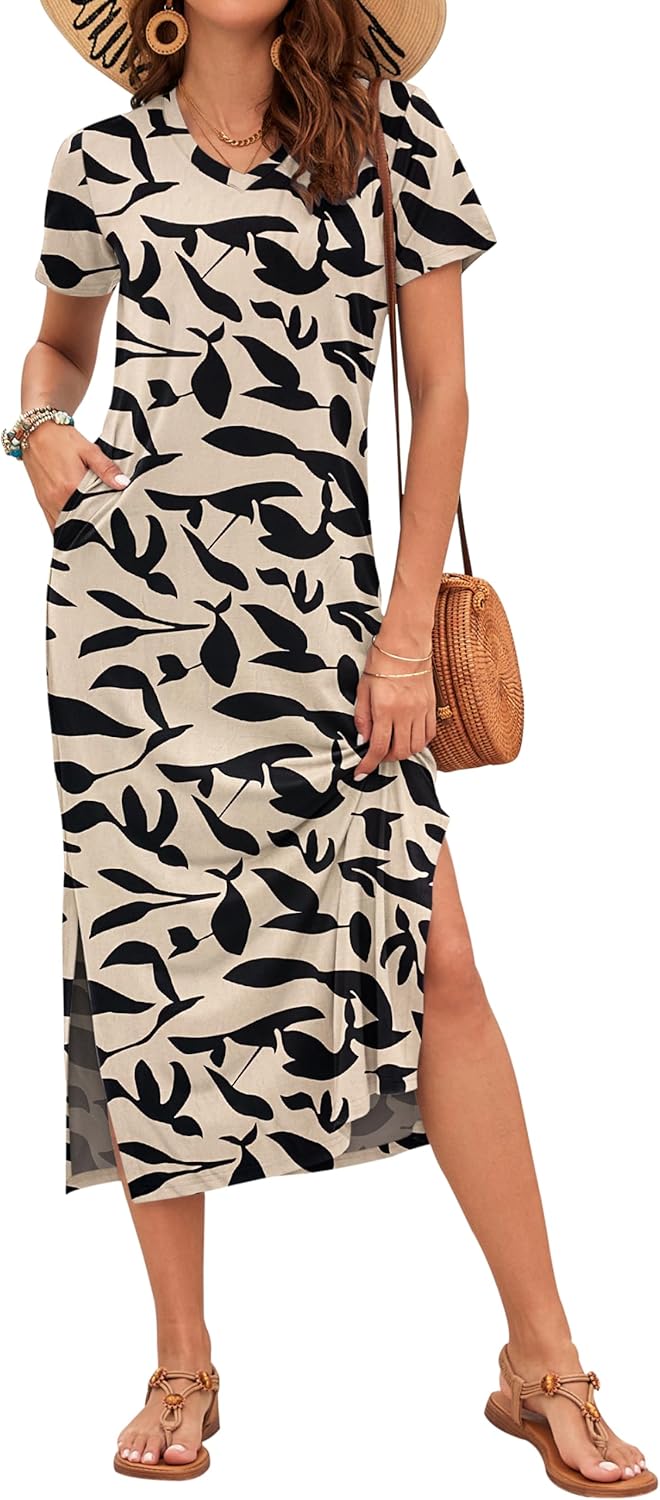 MISFAY Women Summer Maxi Dresses 2026 Casual Short Sleeve Long T Shirt Dress Split Beach Sundress Travel Vacation with Pocket