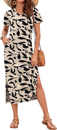 MISFAY Women Summer Maxi Dresses 2026 Casual Short Sleeve Long T Shirt Dress Split Beach Sundress Travel Vacation with Pocket