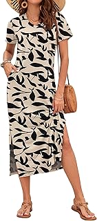 Women Summer Midi Dresses Casual Loose Short Sleeve Dress Split Maxi Beach Sundress Travel Vacation Dress with Pockets