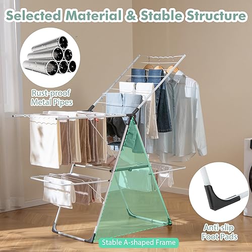 Miniatura 4 de Giantex Estante de secado de ropa, 2 capas de acero inoxidable plegable, con altura ajustable de 6 niveles, clips útiles, ahorro de espacio,