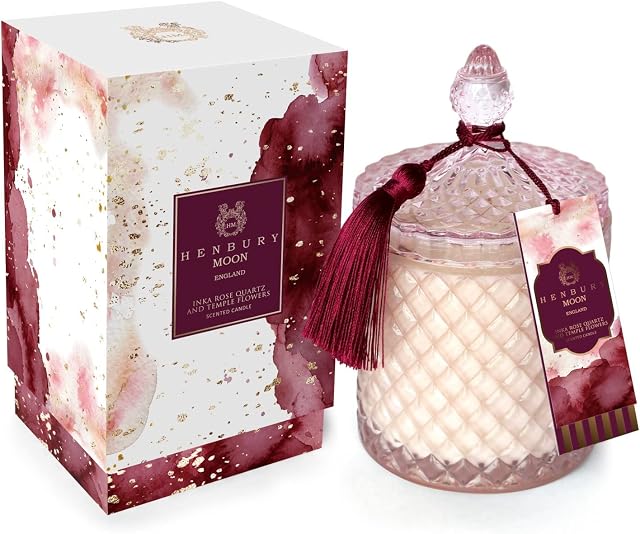 Henbury Moon Luxury Large Scented Candle Gift for Women & Home, Natural Vegan Soy Wax, Pure Perfume Oil, 65-80 Hour Long Burn, Wood Crackle Wick, Glass Jar 520g (Inka Rose Quartz and Temple Flowers)