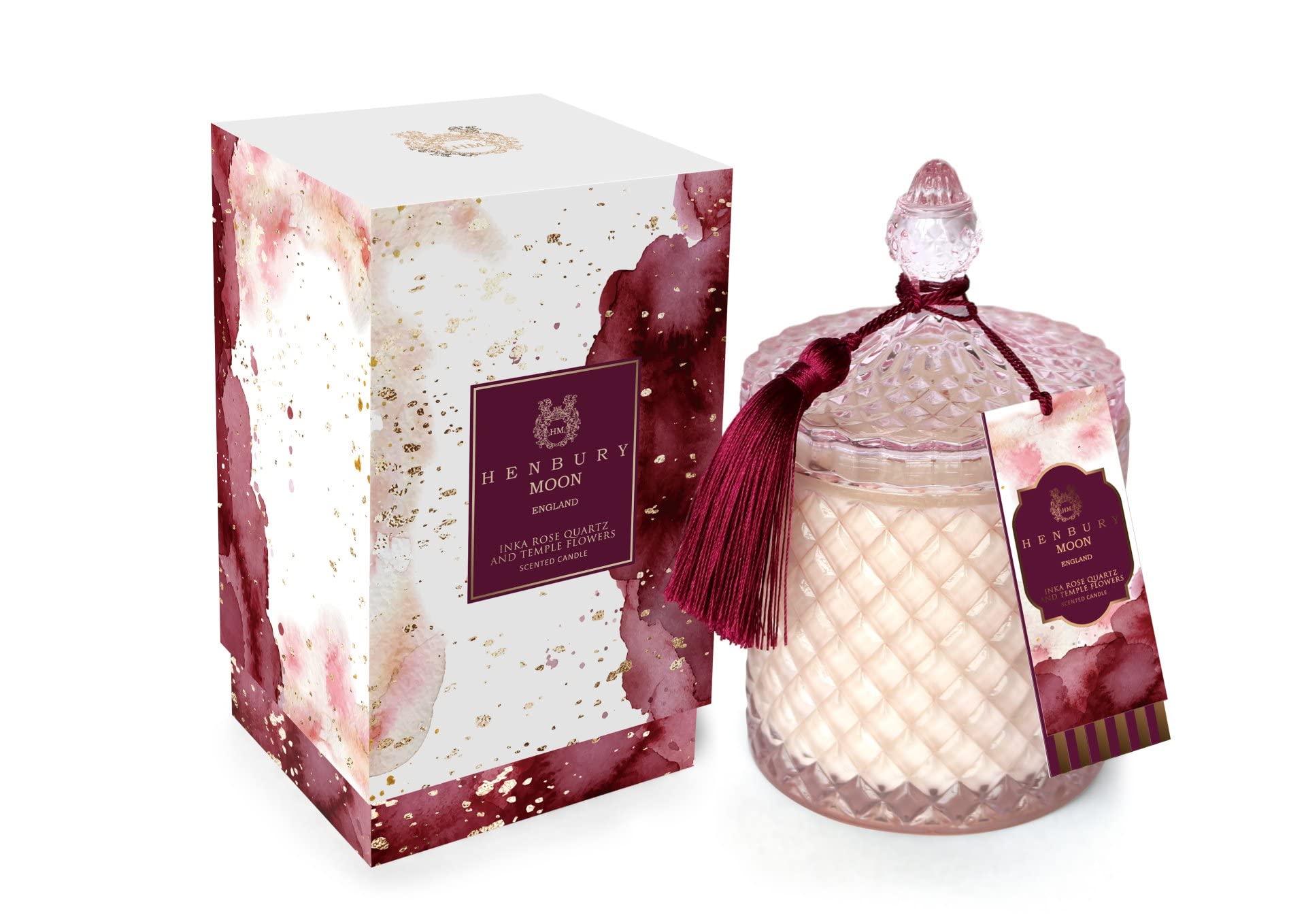 SHME HENBURY MOON ENGLAND (Inka Rose Quartz and Temple Flowers) Luxury Large Scented Candle Gift for Women & Home. Vegan Soy Wax, Wood Wick, Long 65-80 Hour Clean Burn, Mother's Day Present, 520g