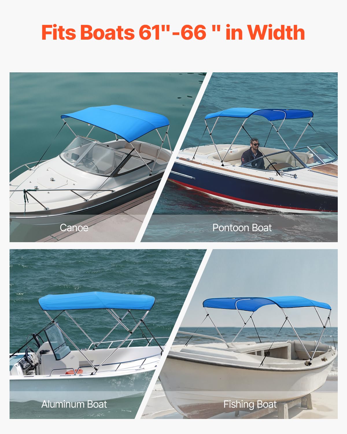 VEVOR Tendalino per Barca a 3 Archi, Poliestere 600D, Telaio in Lega di Alluminio, Impermeabile, Parasole, Larghezza 155-168 cm, Blu Pacifico