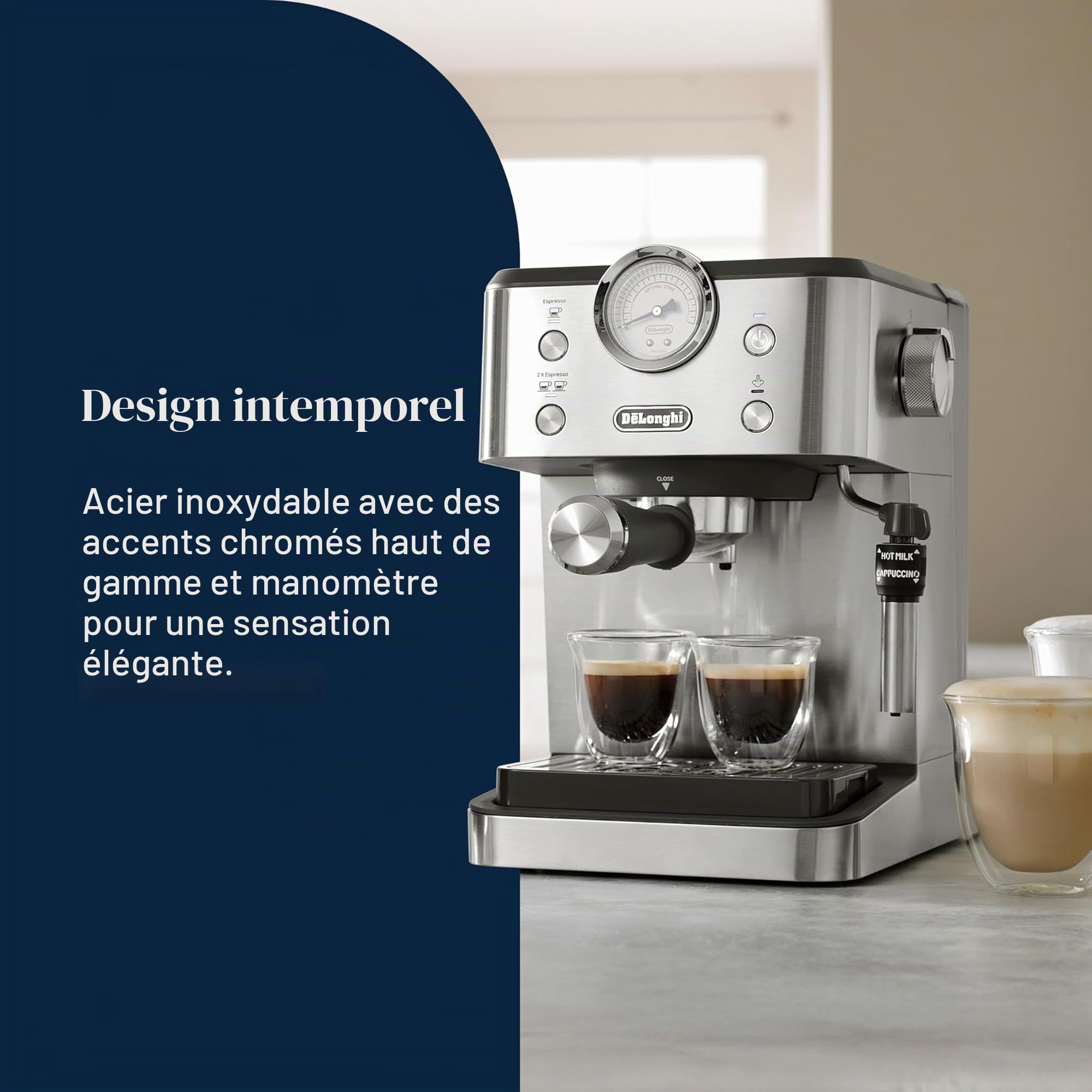 De'Longhi Linea Classic EM450.M Machine à café manuelle avec tige vapeur, machine à expresso avec pompe barista, buse pour cappuccino, filtre double paroi, 15 bar, tasse jusqu'à 13 cm, acier