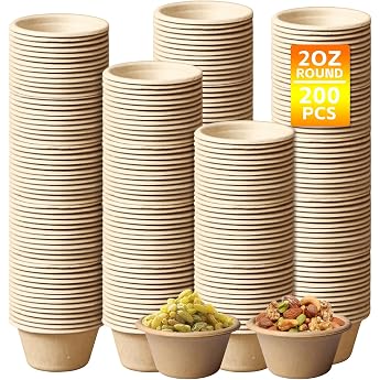 PORFOYO Pack of 200 Compostable Portion Cups Souffle Cups Small Bowls Paper Bowls Paper Cups Dip Bowls for Dips Sauces Jam 2 oz