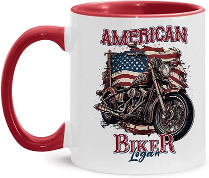 American Biker Coffee Mug, Personalized Motorcycle Themed Accent Cup, Customized Name Motorcycle Lovers Coffee Cup, Custom Motorbike Mug Gifts For Men, Decorative Cup 11Oz Or 15Oz