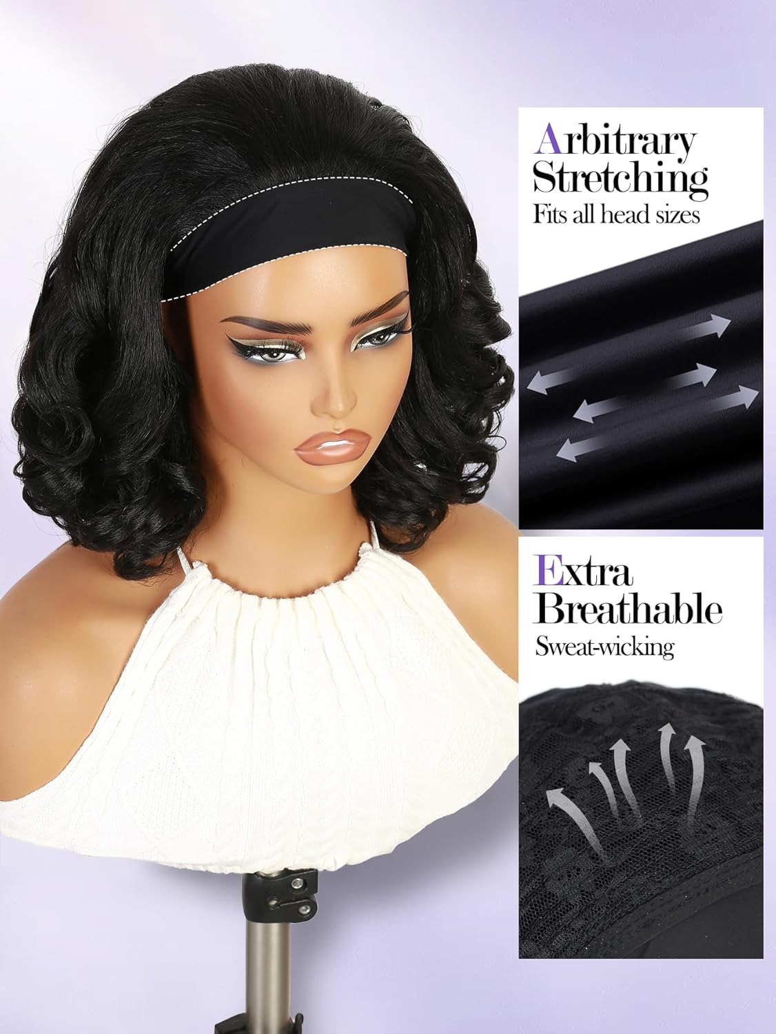 FANCEE Yaki Wavy Headband Wigs for Black Women 14 Inch Black Kinky Straight Wear and Go Wig with Curly Wavy Ends Synthetic Glueless Half Wig with Headbands Attached Blow Out Style Natural Hair Texture