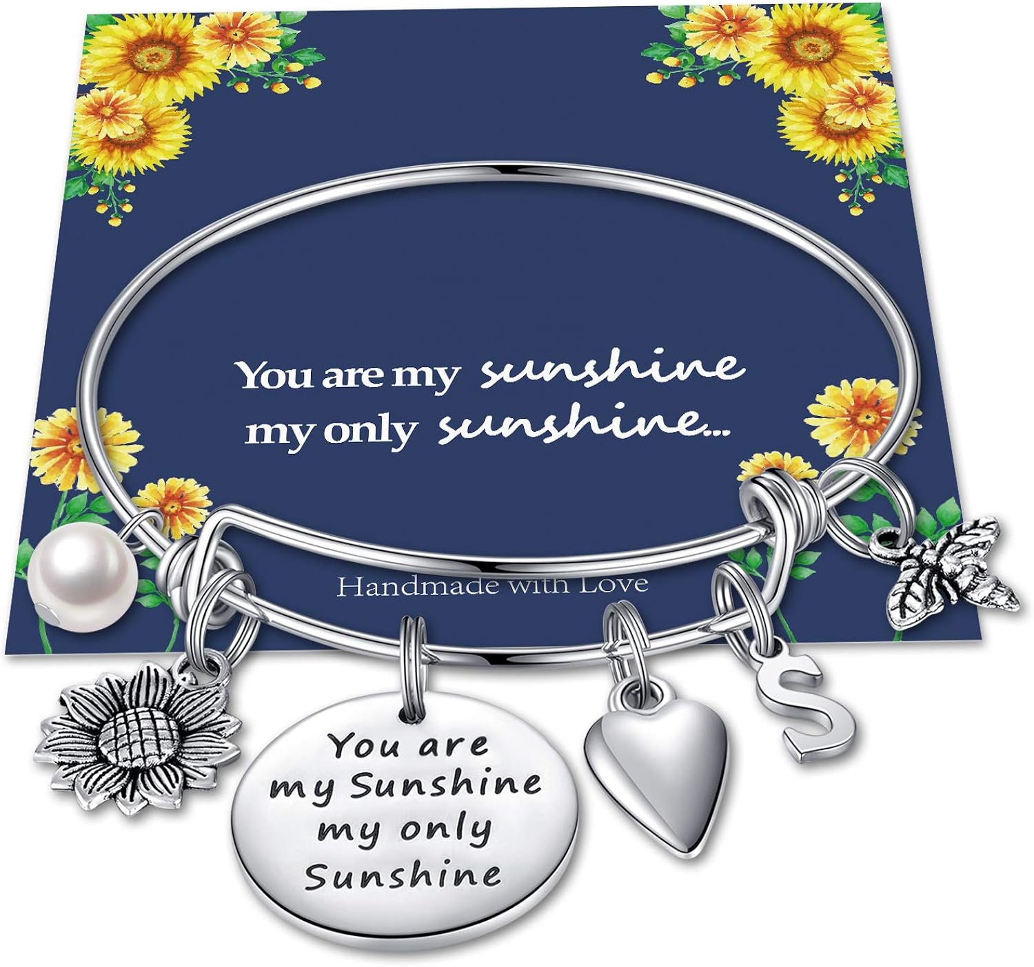 Sunflower Charm Bracelets for Women Girls, Stainless Steel Expandable Bangle Bracelets Engraved Letter Sunflower Bee You Are My Sunshine My Only Sunshine Initial Charm Sunflower Bracelets Jewelry Gift