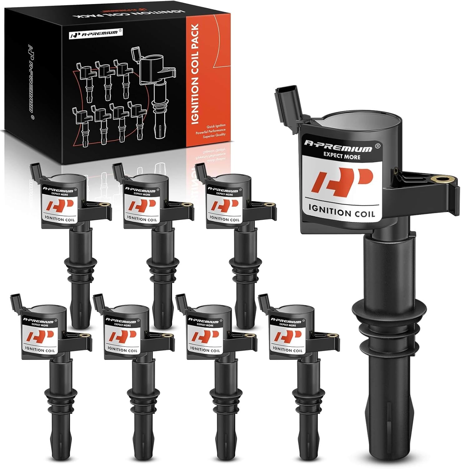 A-Premium Set of 8 Ignition Coil Black Compatible with Ford, Lincoln, Mercury - F-150, F-250, Expeditin, Explorer, Mustang, Navigater - 4.6L, 5.4L, 6.0L