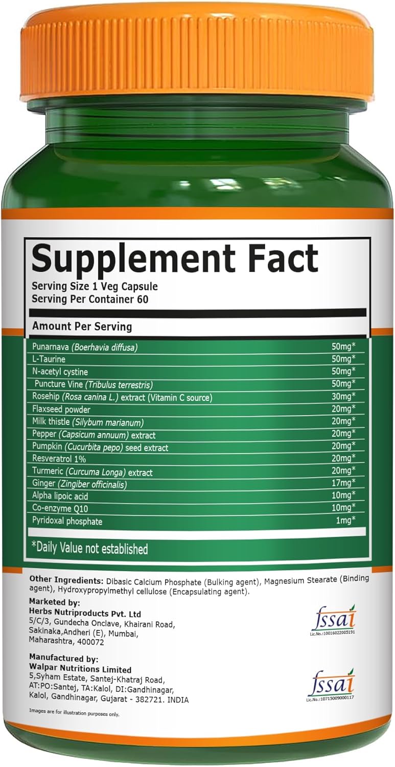 Pure Nutrition Kidney Support Supplement 500mg | 60 Veg Capsules with Punarnava, Gokhru, Turmeric & Rosehip Extracts | Herbal Daily Detox Support | Plant-Based Formula