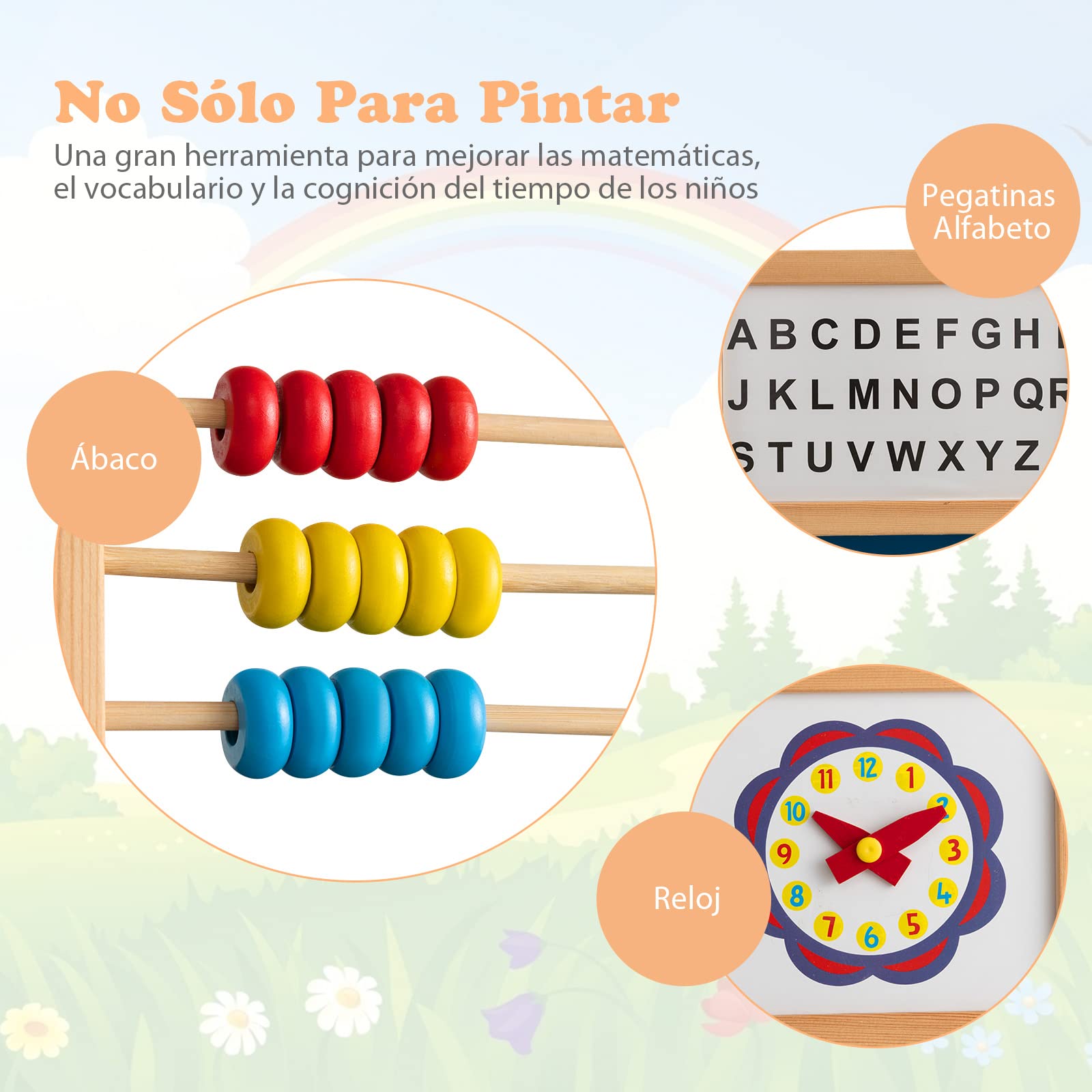 COSTWAY Caballete Pizarra de Madera para Niños, 3 en 1 Pizarra Blanca Caballete Infantil, Bandeja de Almacenaje, Rollo de Papel, Ábaco Educativo, Reloj & Alfabeto, Tablero de Dibujo de Doble Cara