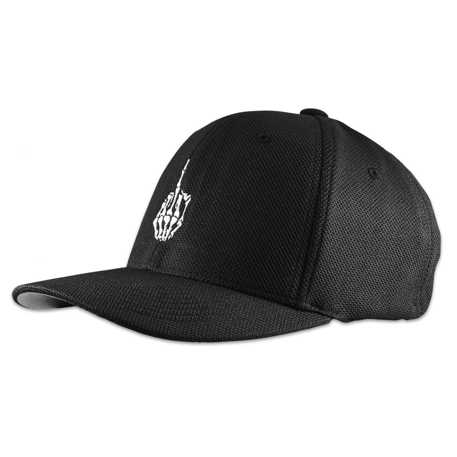 Skeleton Hand with Middle Finger Embroidered Flexfit Adult Cool & Dry Sport Cap Hat - [Black][L/XL]
