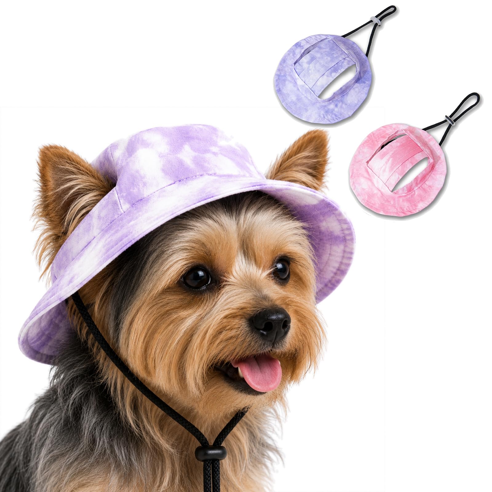 Dog Sun Hat 2-Pack, Wide Brim Bucket Hats, Pink Purple Tie-Dye