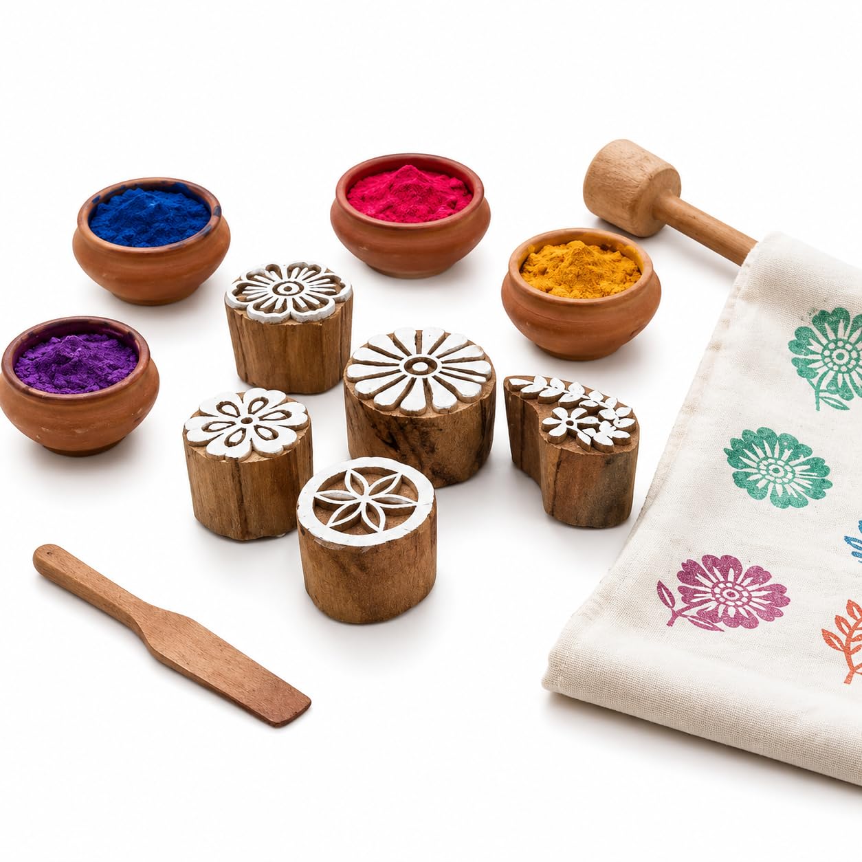 wooden block printing stamps set with floral designs | includes color powders, clay bowls included, craft activity kit, traditional block print, fabric stamping