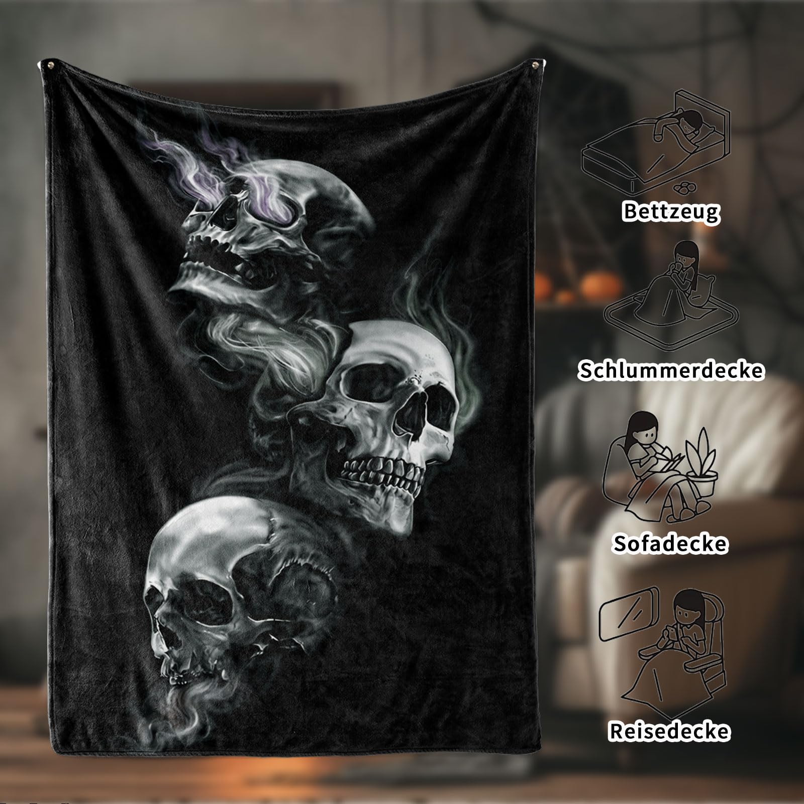 Plaid Halloween ,Chauve-Souris Citrouilles Tête De Mort Flanelle Couverture Moelleuse Araignees Webs Couverture Douillette Pour Canapenoir 150x200cm 89520053