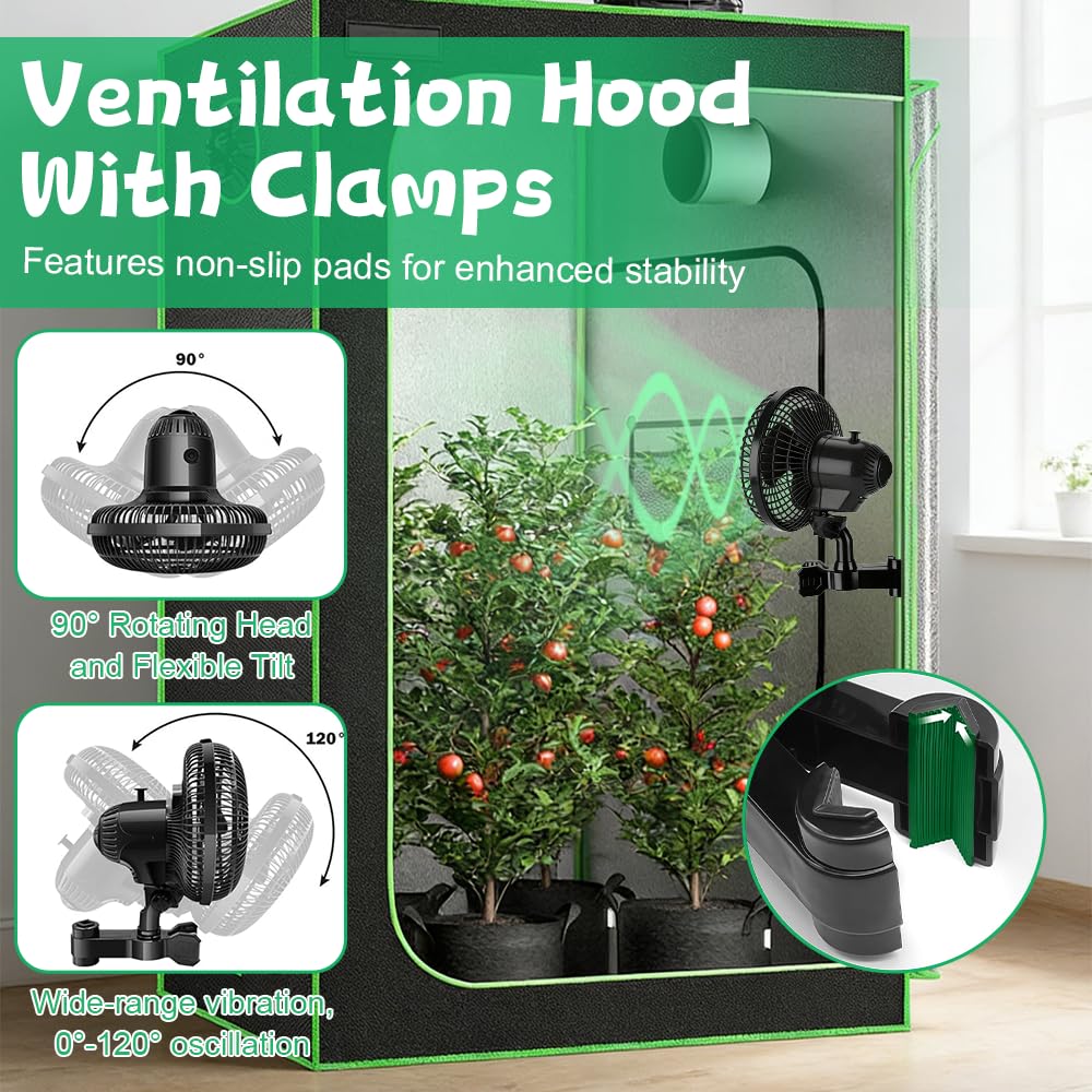 Grow Ventilator Oszillierend 25W, Clip Ventilator Oszillierend, 2 Geschwindigkeitsstufen, 22 cm Durchmesser, Clip Fan für Growbox Growzelt