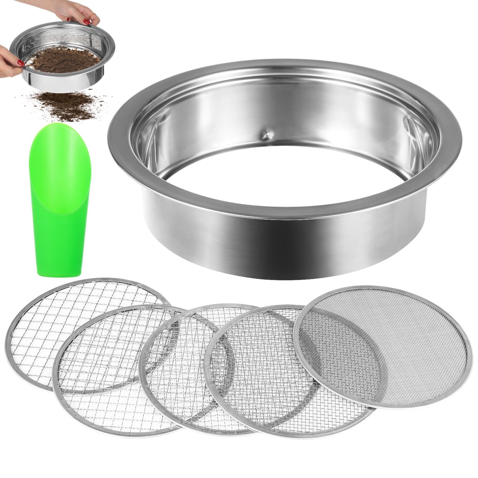 Soil Sieve Set, Garden Soil Sifter Kit, Stainless Steel Mesh Sifting Pan with 5 Sizes Sieve Meshes (0.04"-0.48") & Bonsai Soil Scoop, Garden Potting Sieve Set for Dirt, Compost