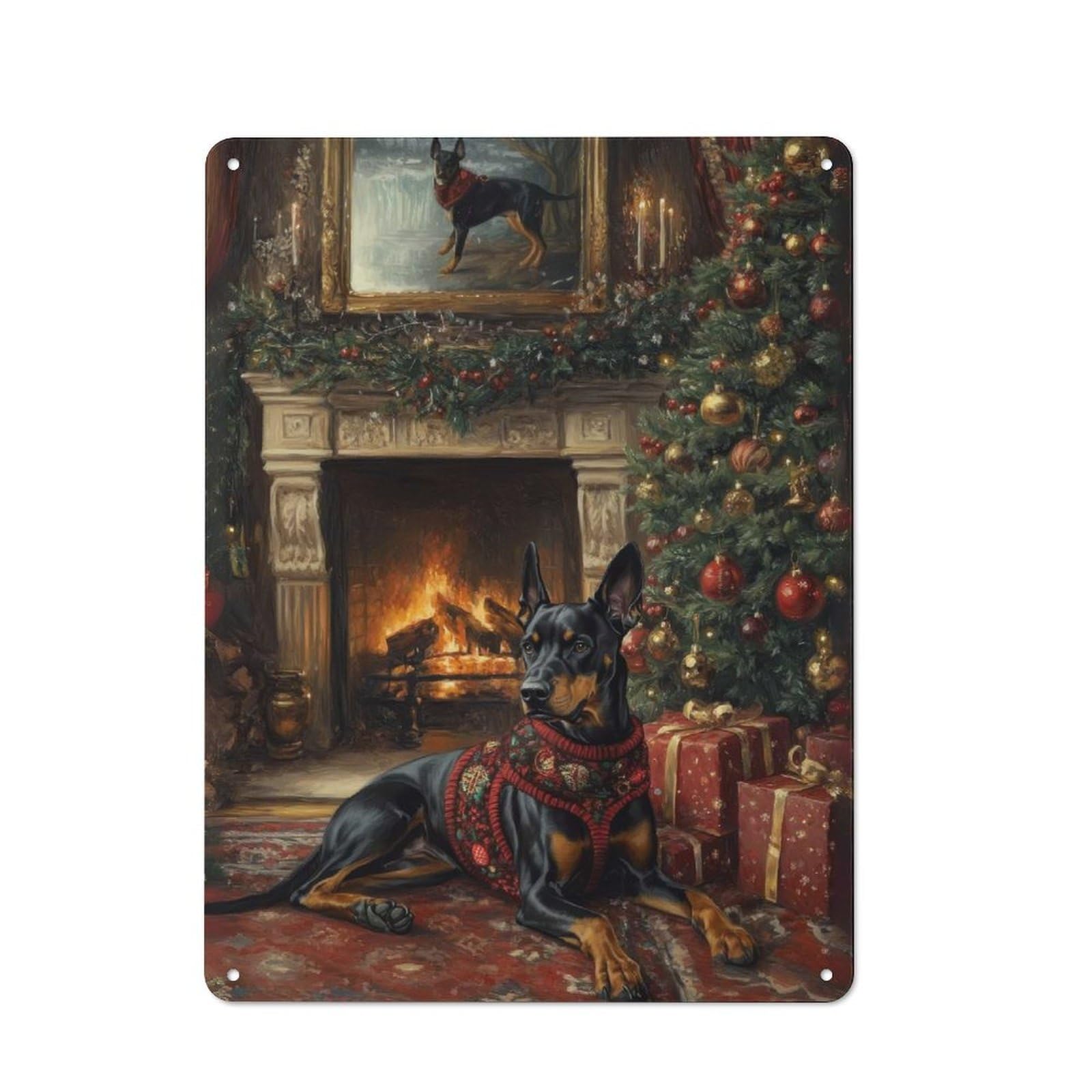 Junmoney Doberman In Festive Sweater Dog Christmas Po Tin Wall Plaque 40X30cm With Rtrait By Fireplace For Living Room Or Hallway, A Decorative Christmas Gift For Hallway Decor Fans
