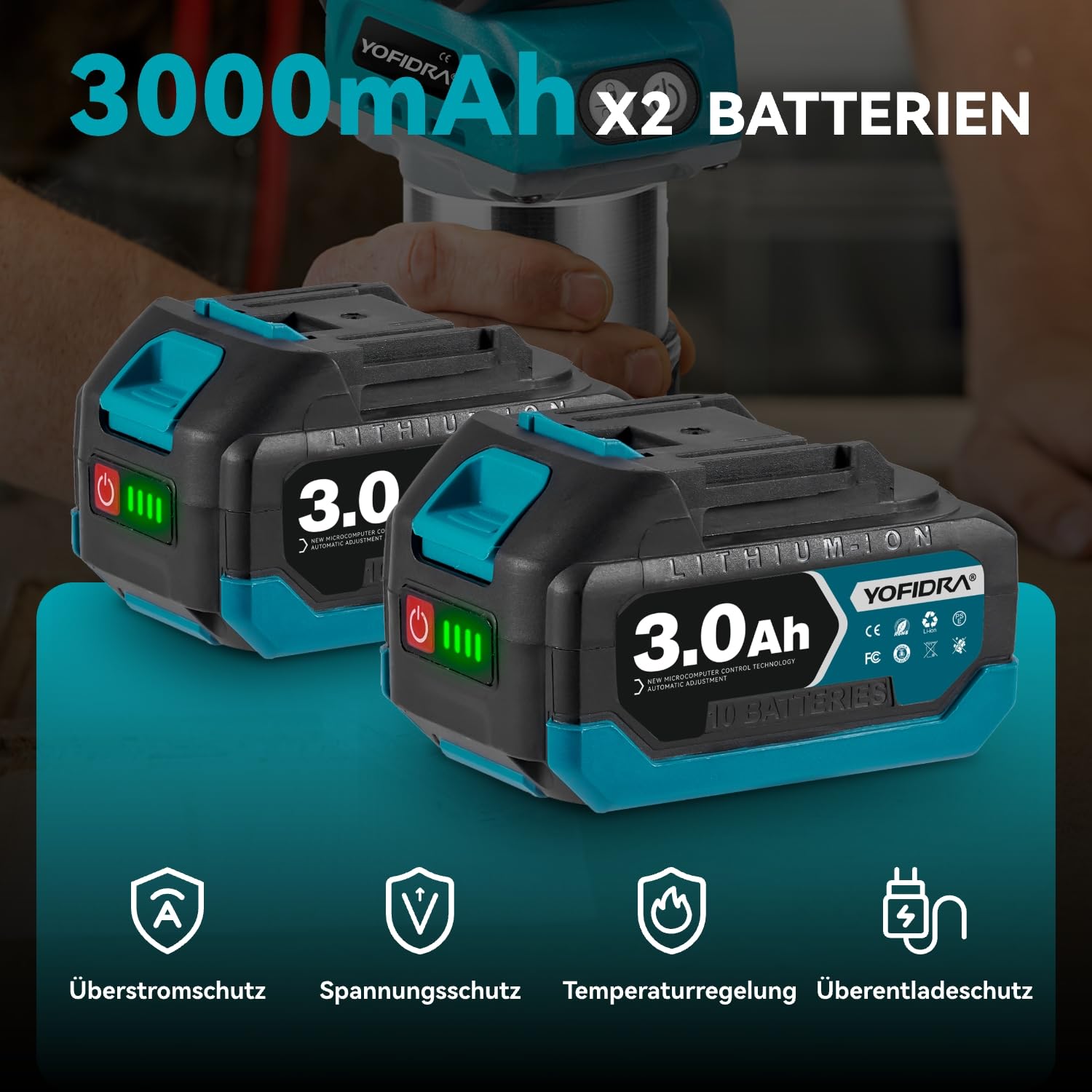 Yofidra Fresadora para Madera a batería, Rebajadora Eléctrica 20V | 10000-30000RPM | 5 Velocidades | 300W | Pinzas de 6mm/6.35mm/8mm | Profundidad Ajustable 0-40mm | 2 3.0Baterías