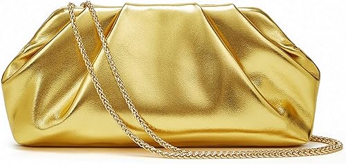 Bolsos de noche para mujer, color puro, cuero suave, con volantes, bolso cruzado con cadena de metal extraíble Oro
