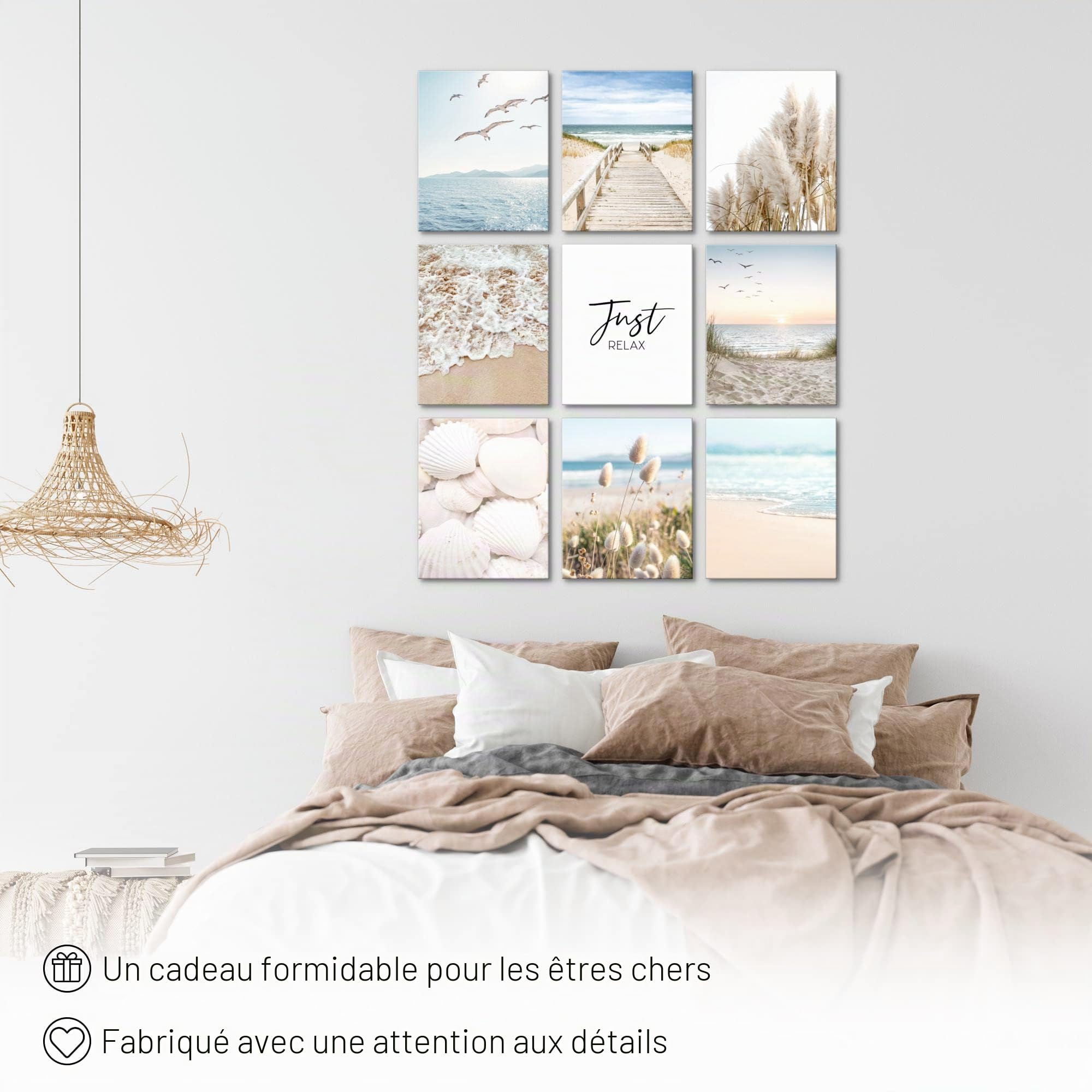 Novart- Tableau Décoration Murale- Plage et mer- To be relax- Decoration Chambre Salon- Prêt à être Accroché- 9 Cadres de 20x25 cm- Beige- N026091a