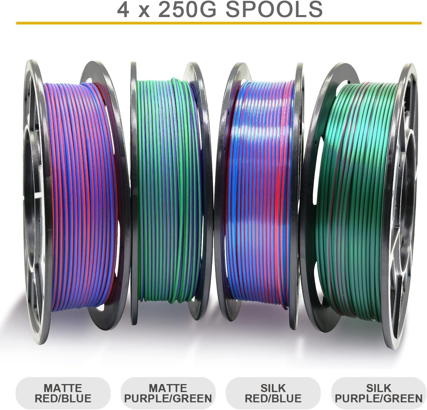 Reprapper 4X 250g Color Pack, Dual Color Filament Coextrusion PLA Filament 1.75mm for 3D Printer, 4 x 250g Spools Matte Red/Blue, Matte Purple/Green, Silk Red/Blue, Silk Purple/Green