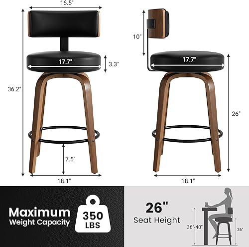Miniatura 2 de Juego de 2 taburetes de bar giratorios tapizados de piel sintética de 26 pulgadas con respaldo y patas de madera curvada, sillas de bar modernas de