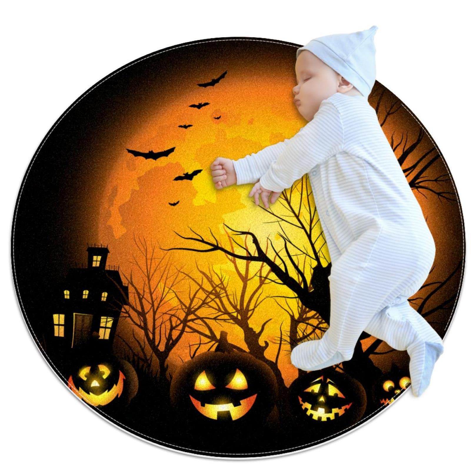 Tapis rond Halloween lune et citrouilles antidérapant pour salon 100x100cm