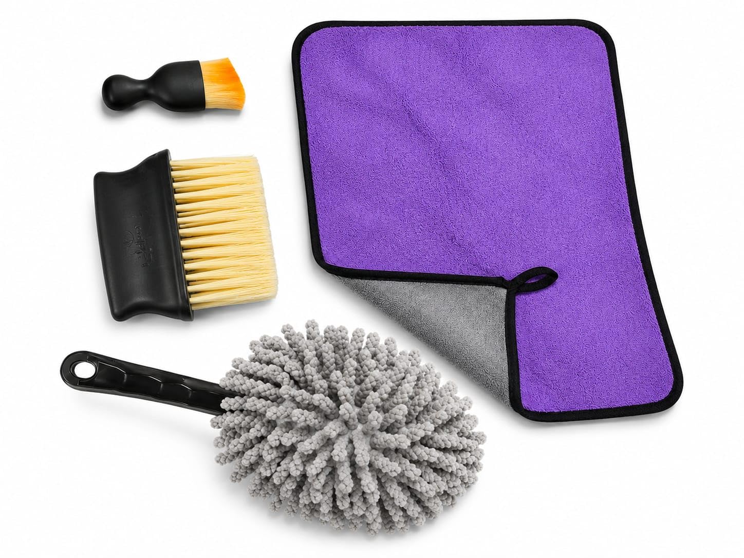 car cleaning kit with microfiber cleaning duster, microfiber cloth, big brush & small detailing brush | car interior & exterior cleaning accessories | 4-piece cleaning set