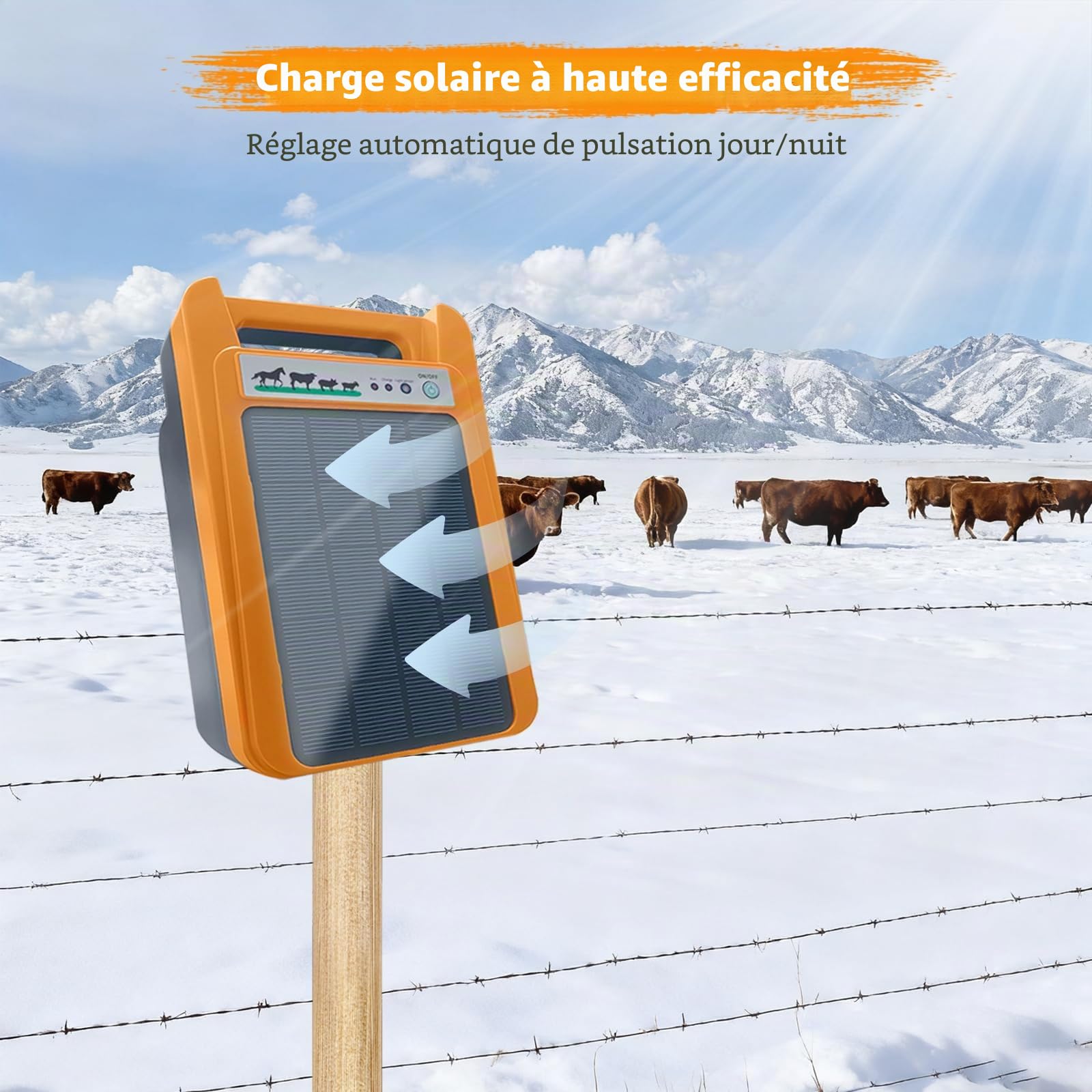 Chargeur solaire électrique pour clôture, 0,2 J 8 kV avec mode jour/nuit | Protection du bétail, clôture de volaille, sécurité du jardin, installation extérieure, fonctionnement à l'énergie solaire