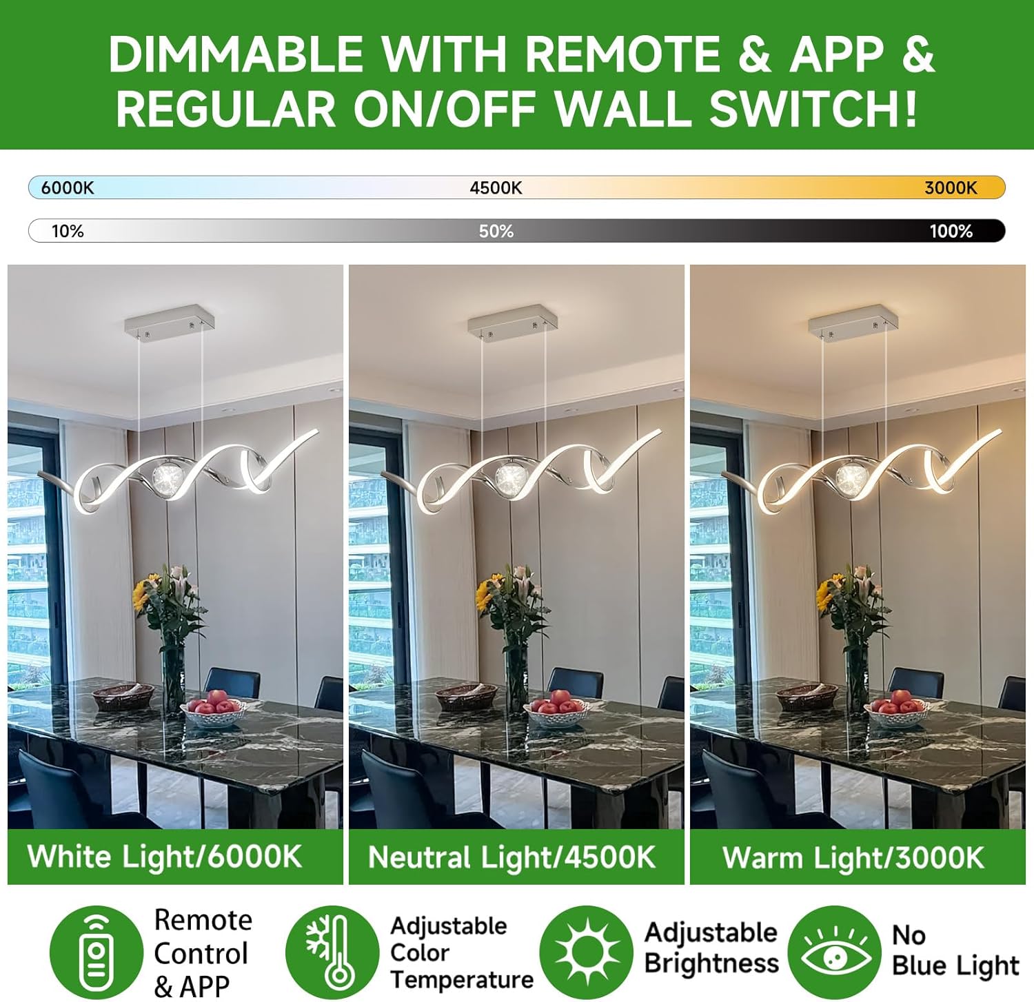 LED Modern Chandeliers for Dining Room, 39in Dimmable Chrome Chandelier Kitchen Pendant Lighting Over Island, Linear Wave Spiral Pendant Light Fixtures Dining Room Lights Ceiling Hanging, 36W