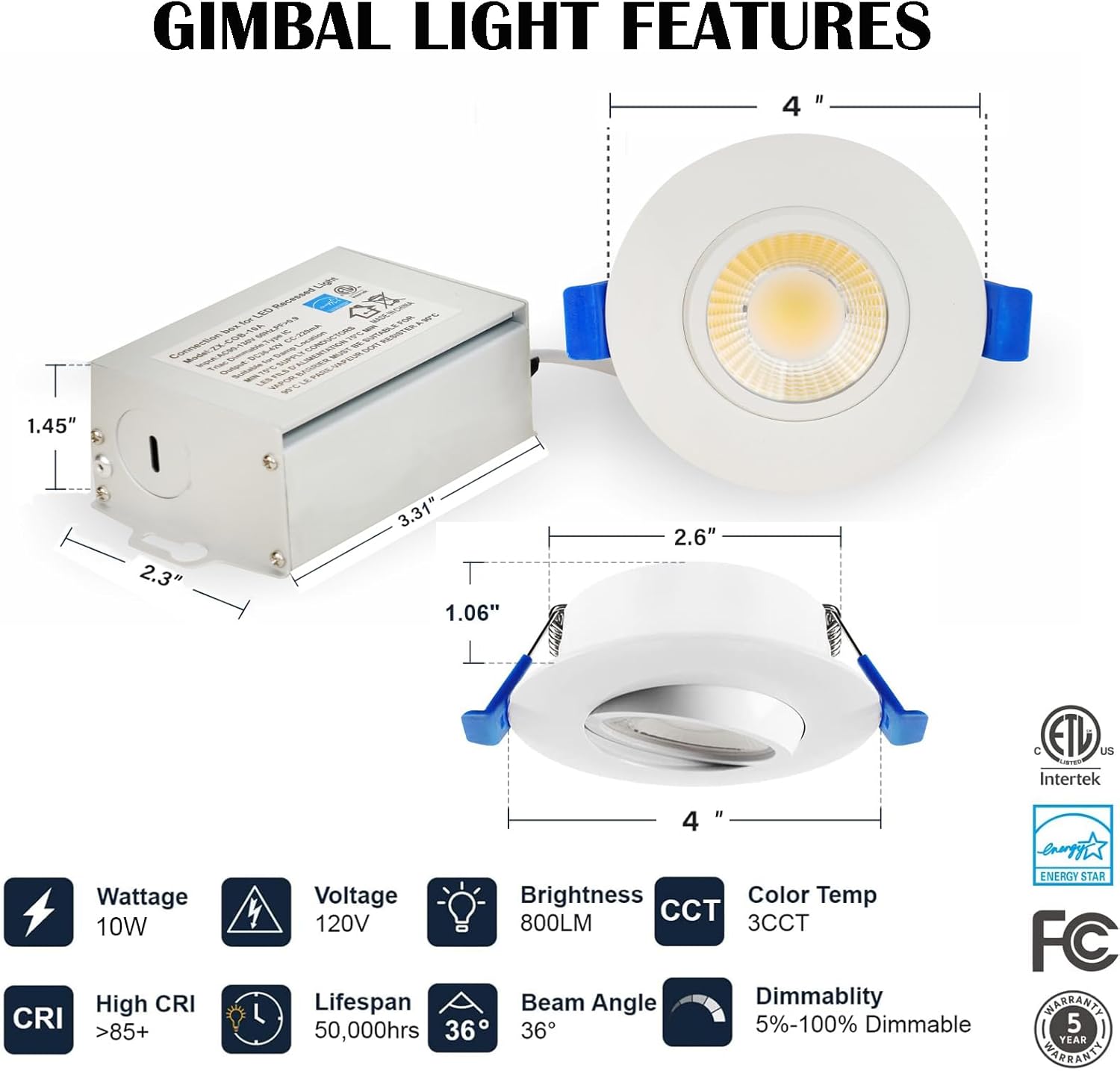 LTpro Waterproof Shower Light, 3 Inch Recessed Lighting Gimbal LED, Adjustable Eyeball Downlight, 5CCT 2700K-6000K Dimmable, IC Rated with J-Box, 10W, 8 Pack