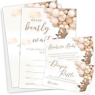 Baby Shower Invitation Set - We Can Bearly Wait - Teddy Bear Double-Sided Fill In Style Invites With Diaper Raffle & Book Request Cards - Baby Gender Reveal, Announcement Party Decors - A05