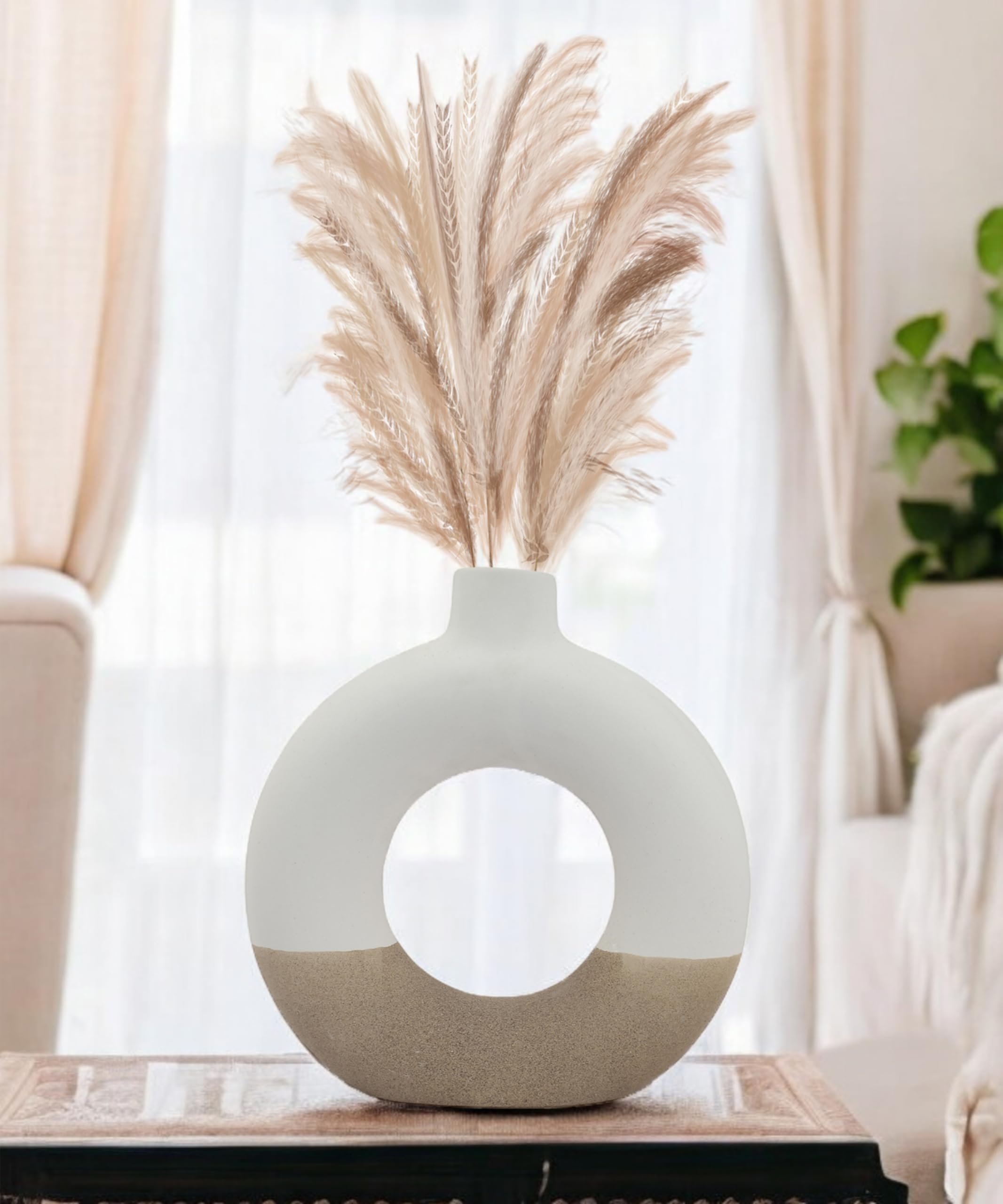 Sphinx Ceramic Donut Vase, Pampas Grass Flower Home Decor Centrepiece for Office or Gifts - Dual Tone (White & Brown, 6 Inch)