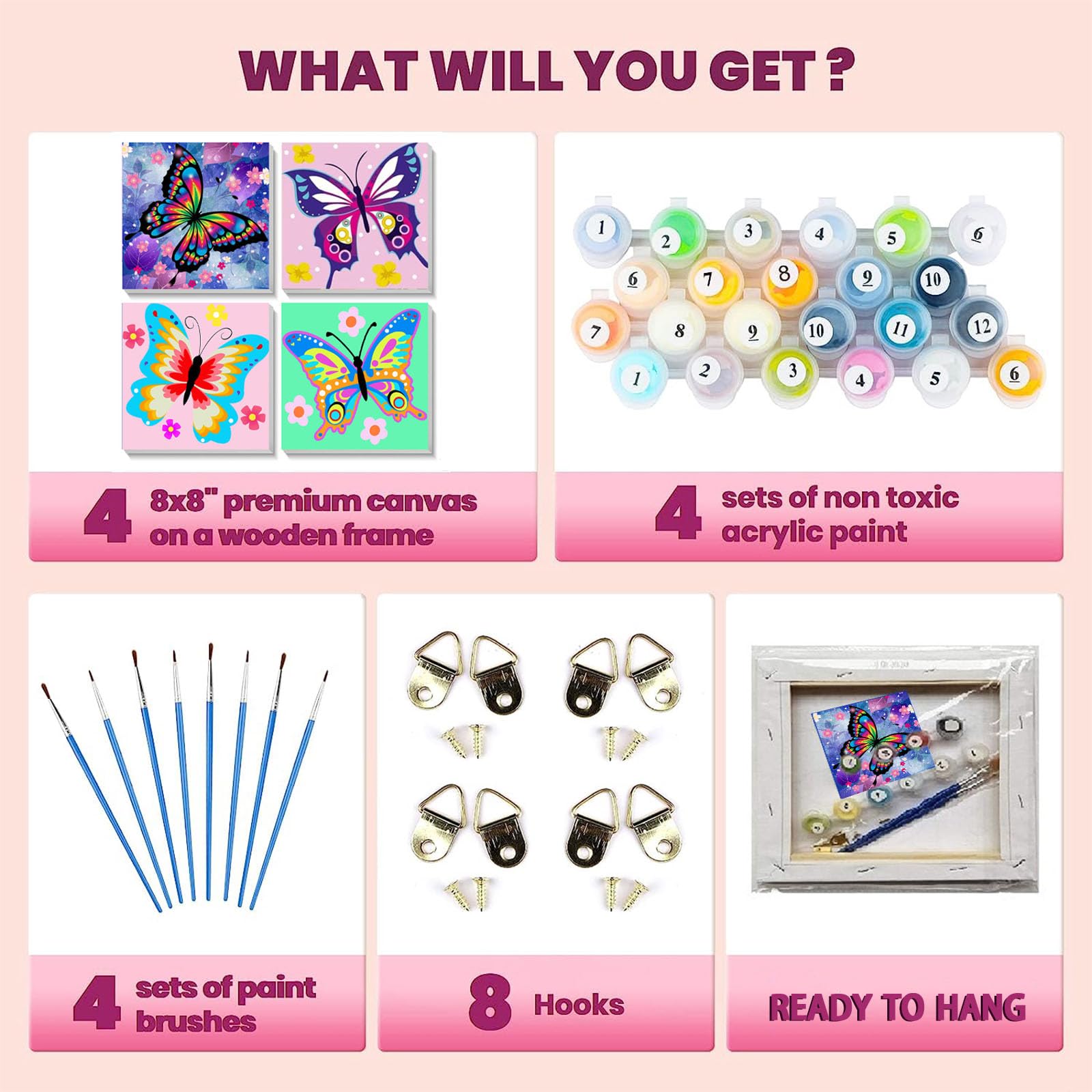 GOUGOUFAFA Kit Pittura Con I Numeri Per Bambini 4-12 Anni – Tela Con Cornice, Tema Gatto E Farfalla