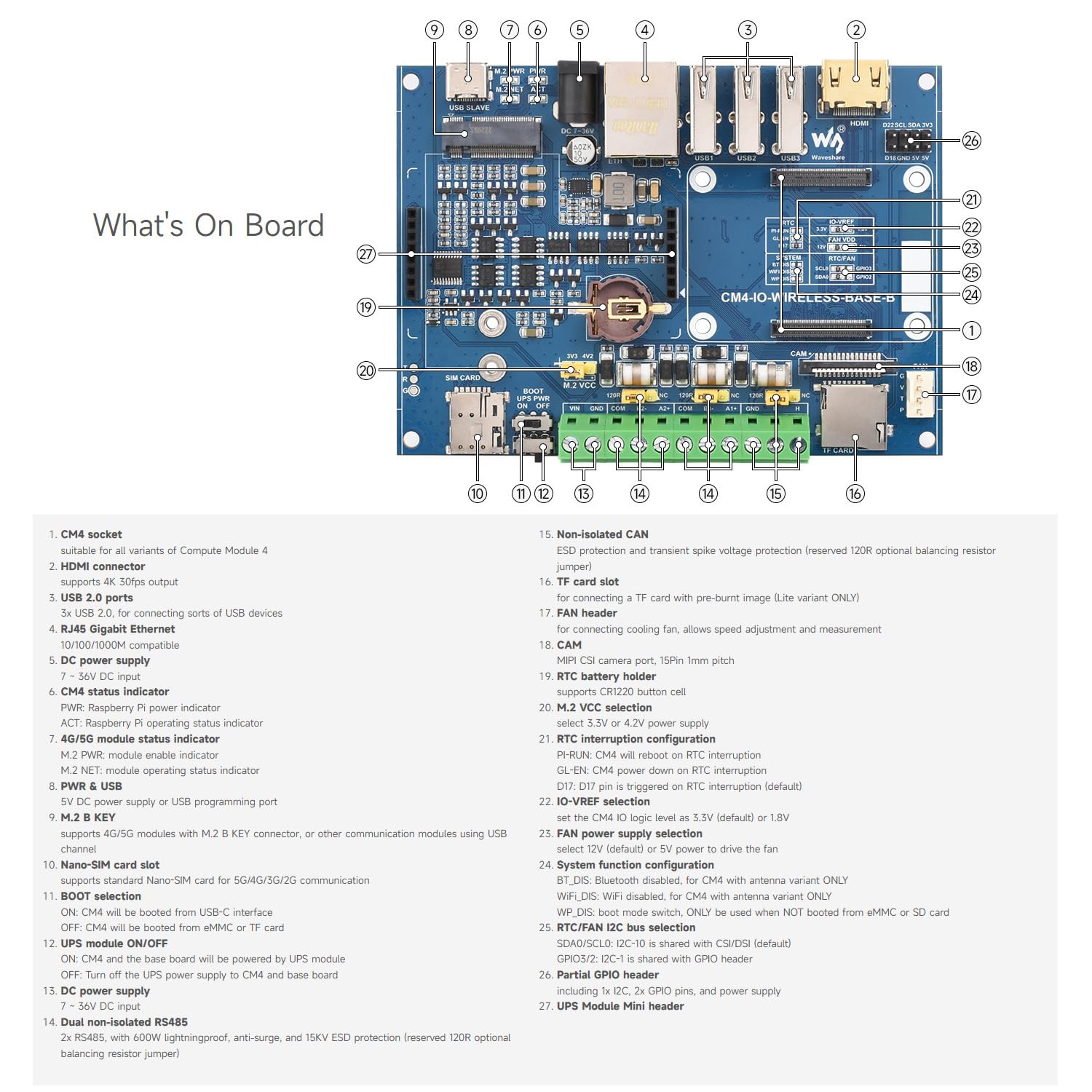 Waveshare Industrial IoT 5G/4G Wireless Expansion Module For Raspberry Pi CM 4 (Compute Module 4), With UPS Module, Onboard M.2 Slot, for IoT Getaway, Wireless Router, Intelligent Data Acquisition