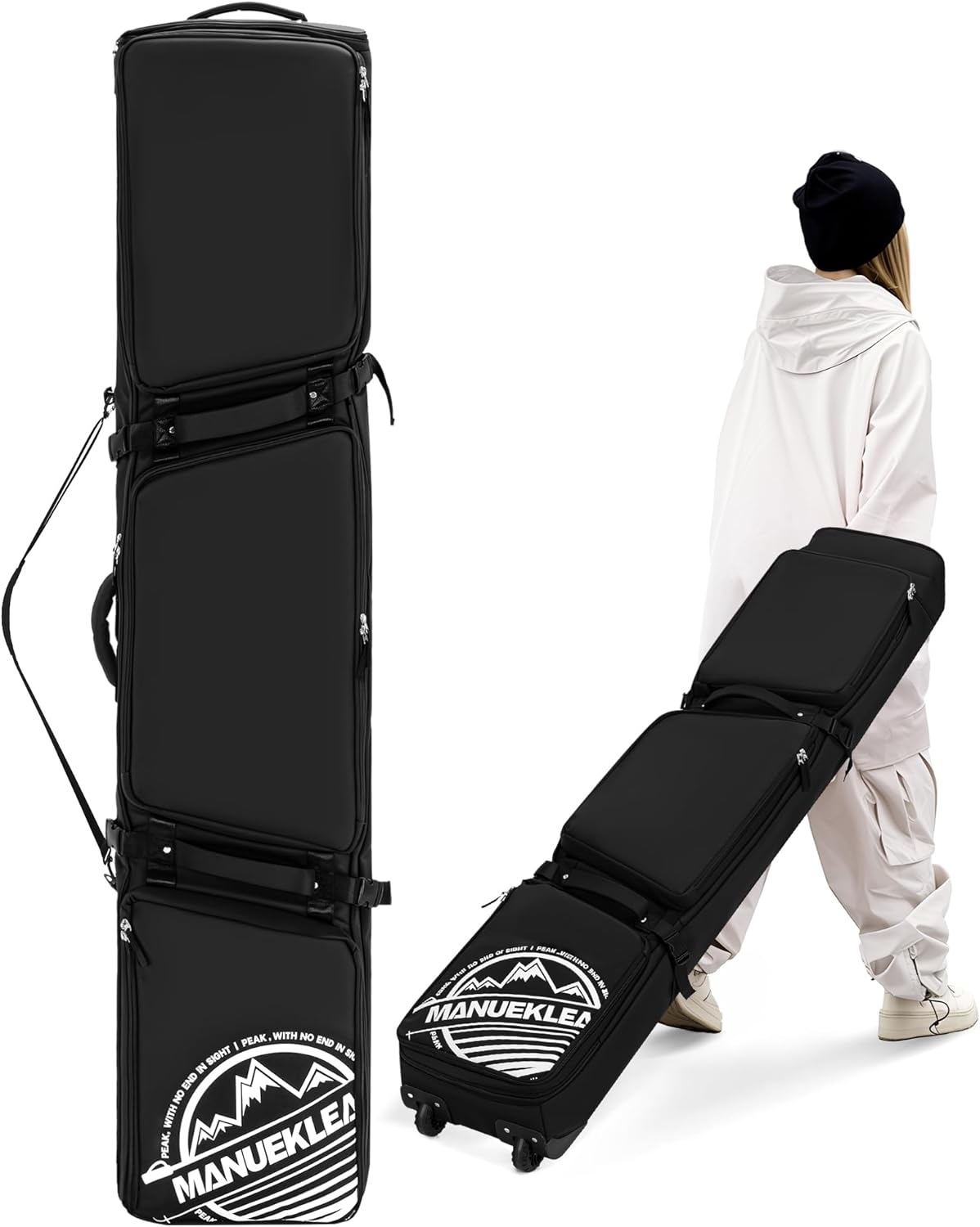 MANUEKLEAR Rolling Ski Travel Bag Holds Skis from 170-184 cm, Durable & Waterproof Snowboard Bag with Wheels, Foldable Double Ski Bag with Soft Padded and Detachable Shoulder Straps
