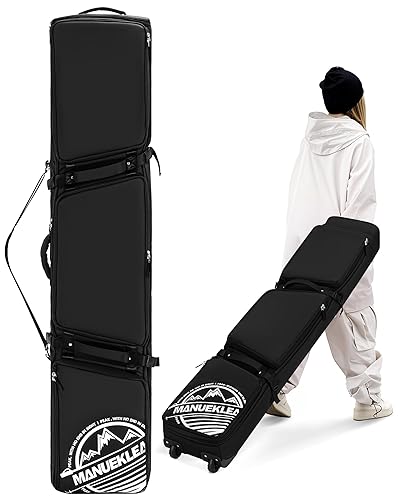 MANUEKLEAR Rolling Ski Travel Bag Holds Skis from 170-184 cm, Durable & Waterproof Snowboard Bag with Wheels, Foldable Double Ski Bag with Soft Padded and Detachable Shoulder Straps