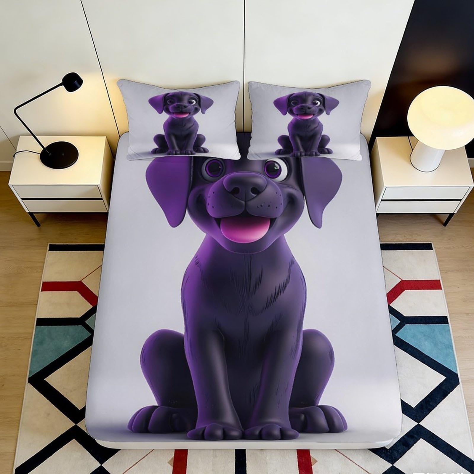 3D Printed Purple Cartoon Dog Fitted Sheet Microfiber Soft Non-Slip Bed Sheet for Bedroom Guest Room Decor 160x200x25cm