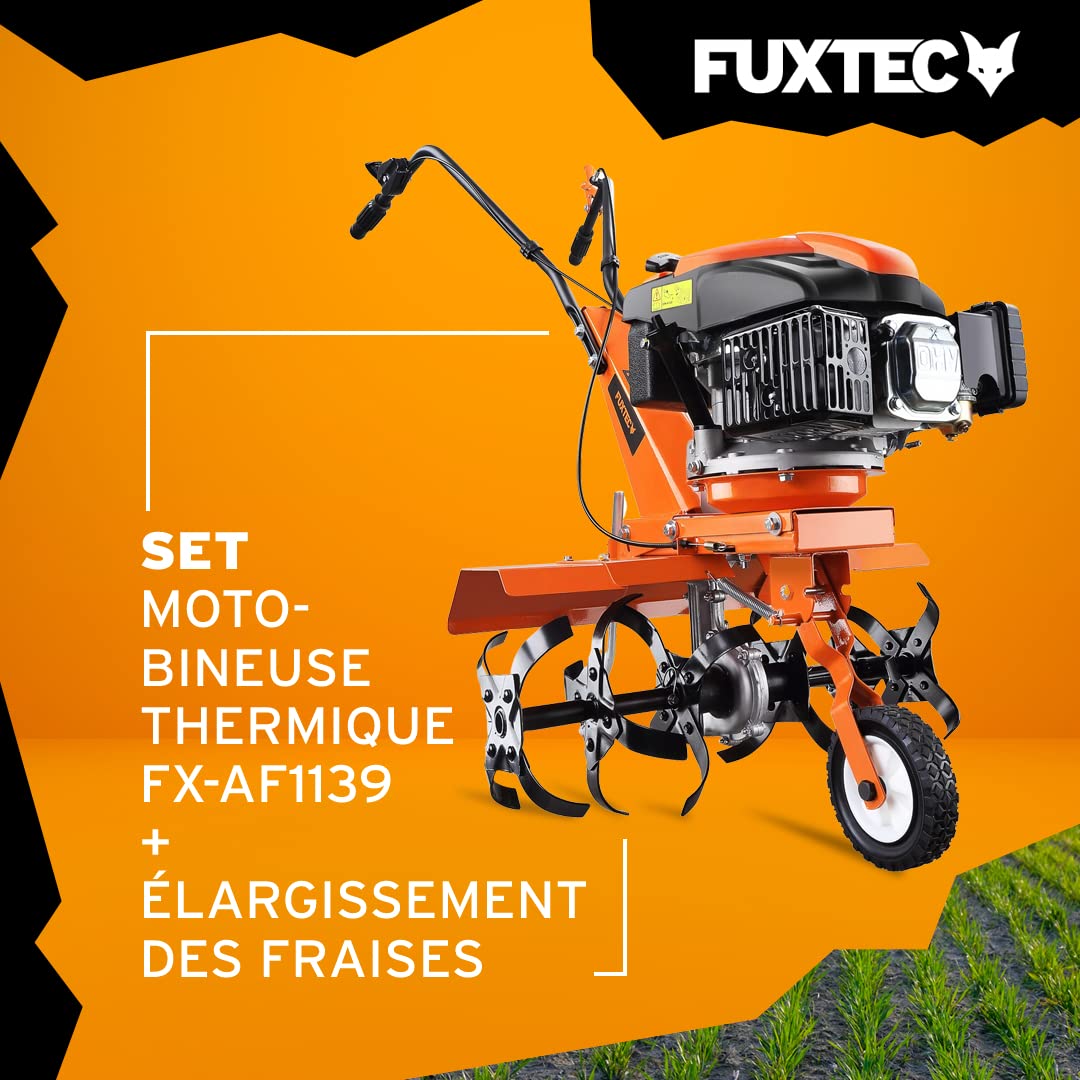 Fuxtec Motobineuse Thermique FX-AF1139 Set Motoculteur Essence Moteur 4 Temps 139cm3 2,2kW avec Extension De La Largeur De Travail De 36 à 66cm Cultivateur Profondeur Réglable Jusqu’à 30cm