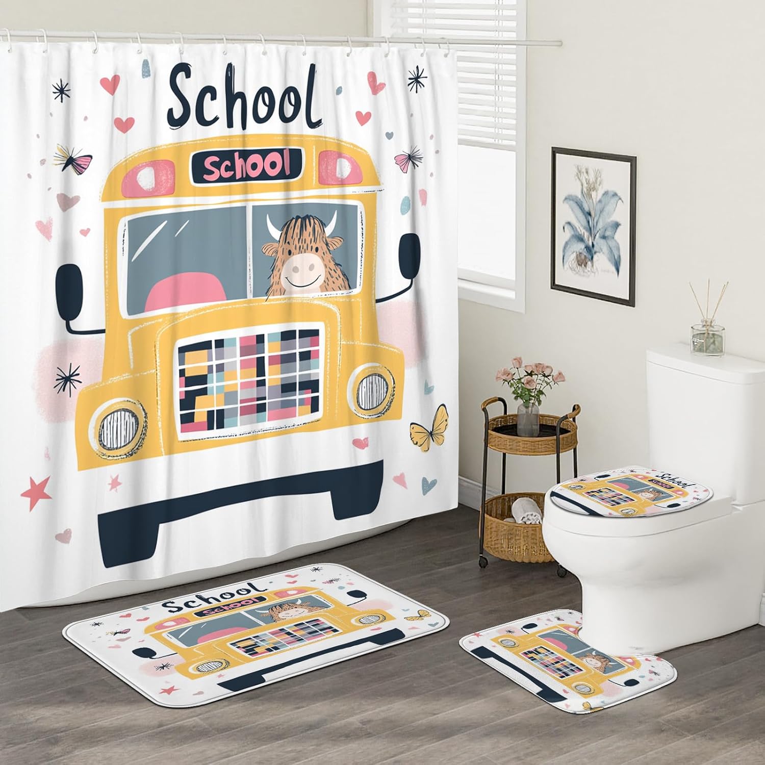 4PCS Cartoon Highland Cows Bathroom Accessory Sets with Non-Slip Rug, U Shape and Toilet Lid Cover Mat, Kid School Bus Bathroom Fabric Decor-72''x72''