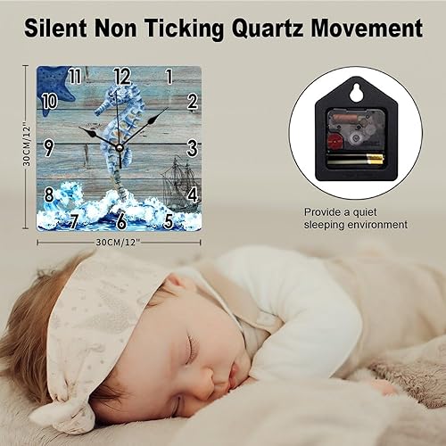 Miniatura 2 de Reloj náutico antiguo con estrellas de mar costeras para pared, acuarela, olas de mar, veleros, veleros, relojes de pared de PVC, con temática