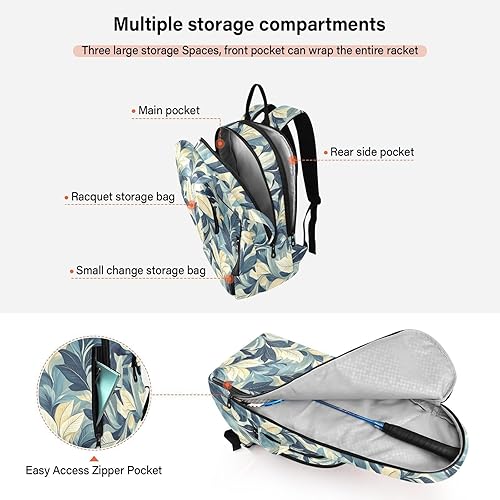 Miniatura 5 de Sport Tennis Badminton Bag Lightweight Retro Leaves Pattern Feather-shaped 2 Rackets Padded Tennis Bag Gym Bag for Tennis, Badminton, Pickleball